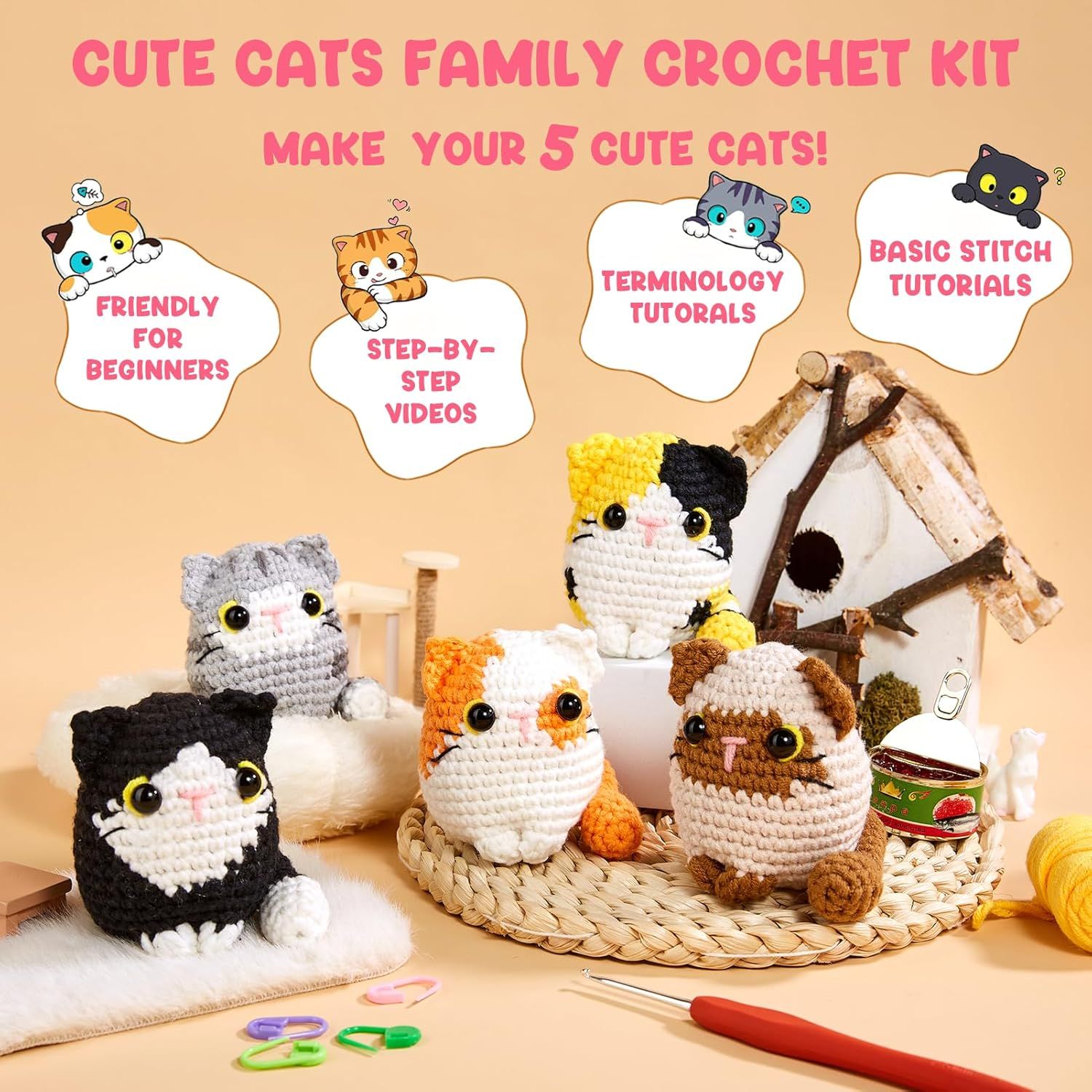 Communicates that this crochet kit includes multiple learning resources and is designed to be accessible for beginners, making it easy to create 5 cute cats.