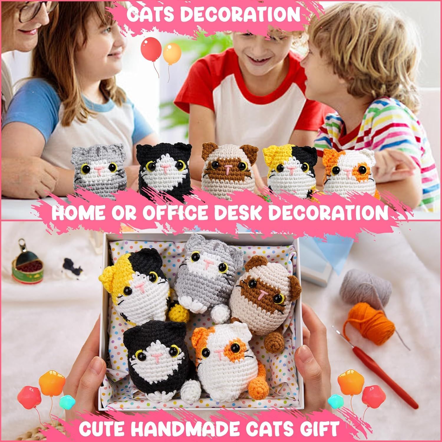 Demonstrates the versatility of the crocheted cat products by showing multiple use cases including decoration for parties, desk decoration for home or office, and as a cute handmade gift option.