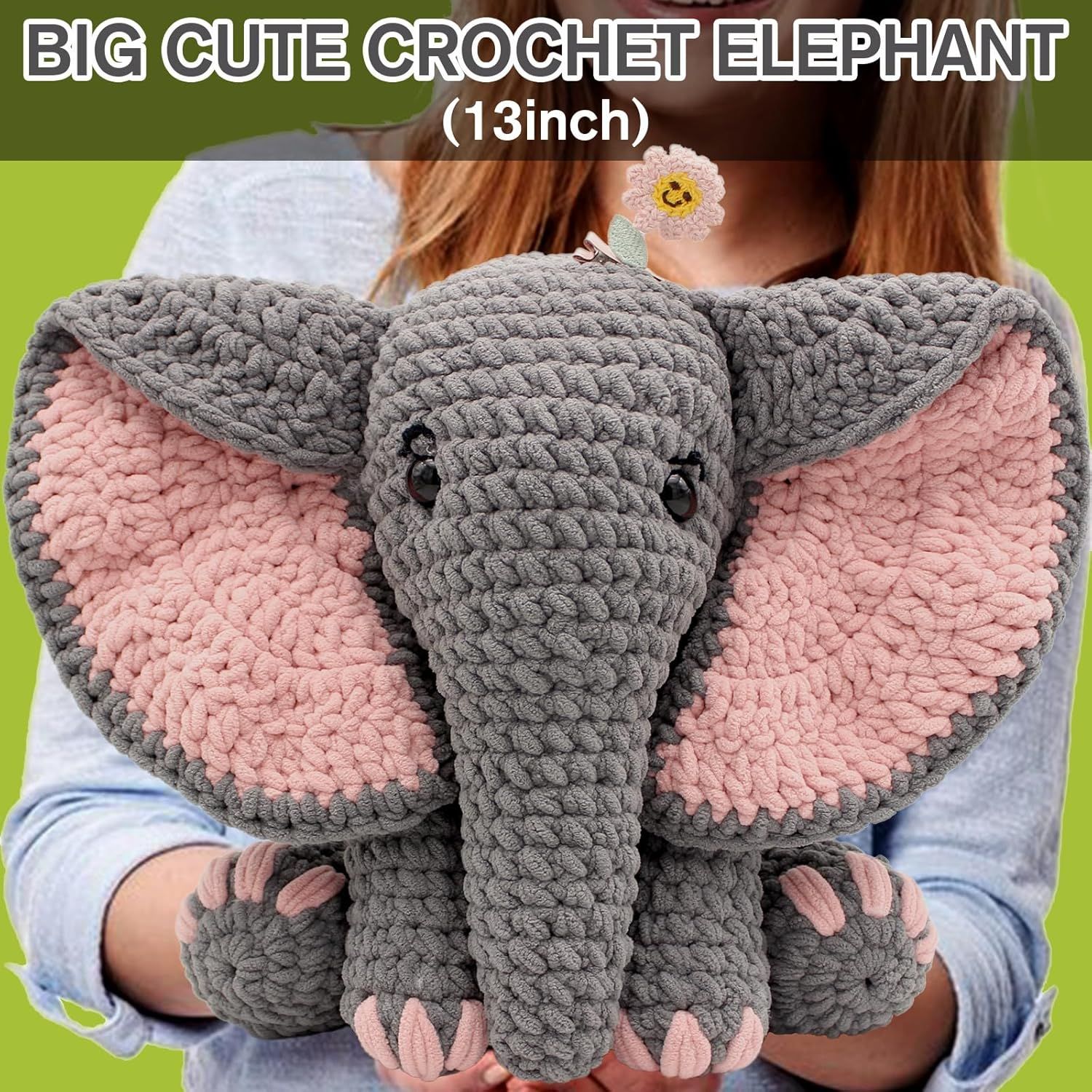 Communicates the physical size of the crochet elephant plush toy to help shoppers understand how large the product is.