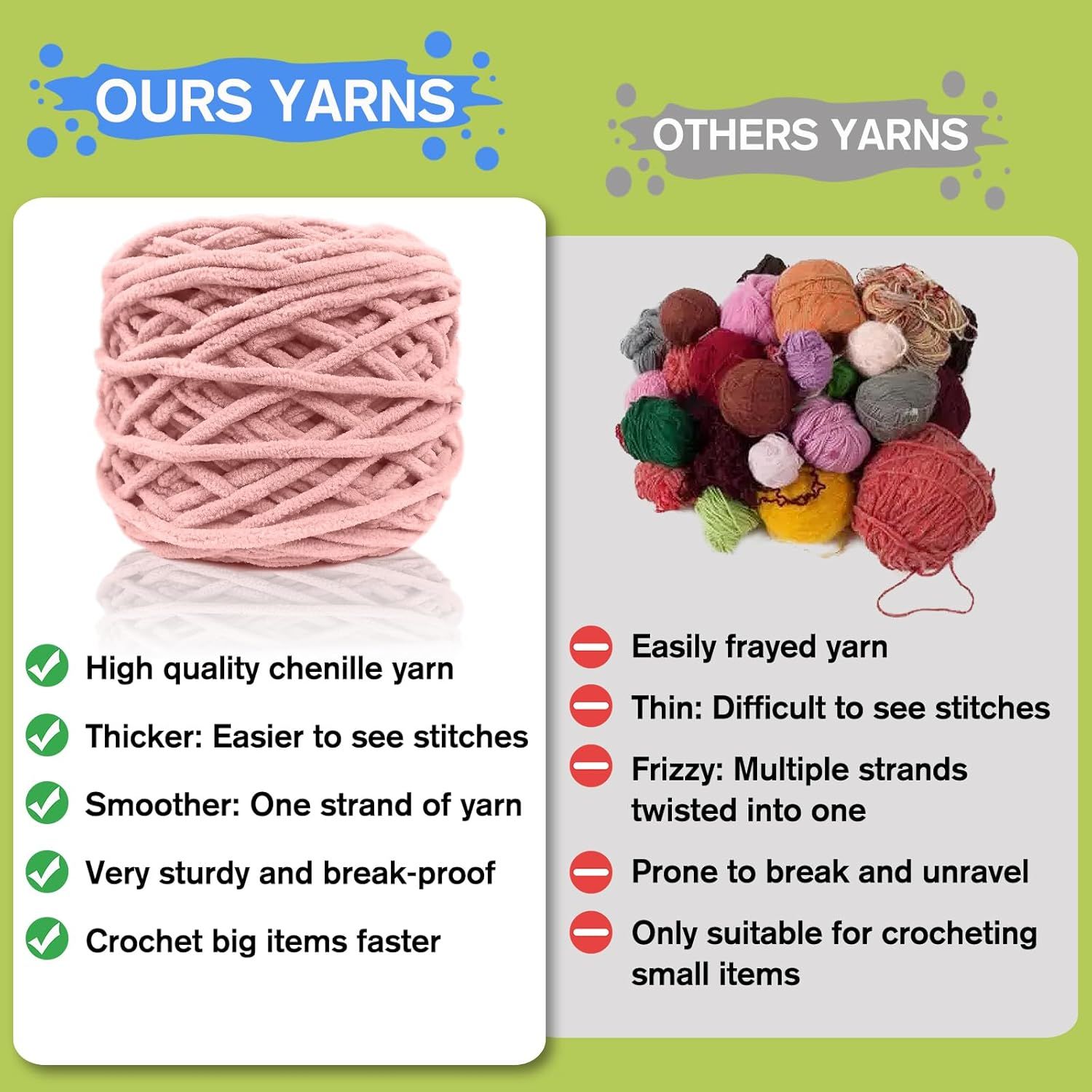 Compares the seller's yarn against competitors to demonstrate superior quality, thickness, smoothness, durability, and efficiency for crocheting projects.