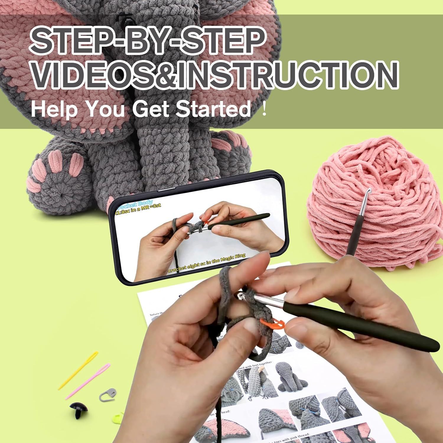 Communicates that the product includes instructional videos and guides to help beginners learn how to crochet and create the stuffed animal shown.