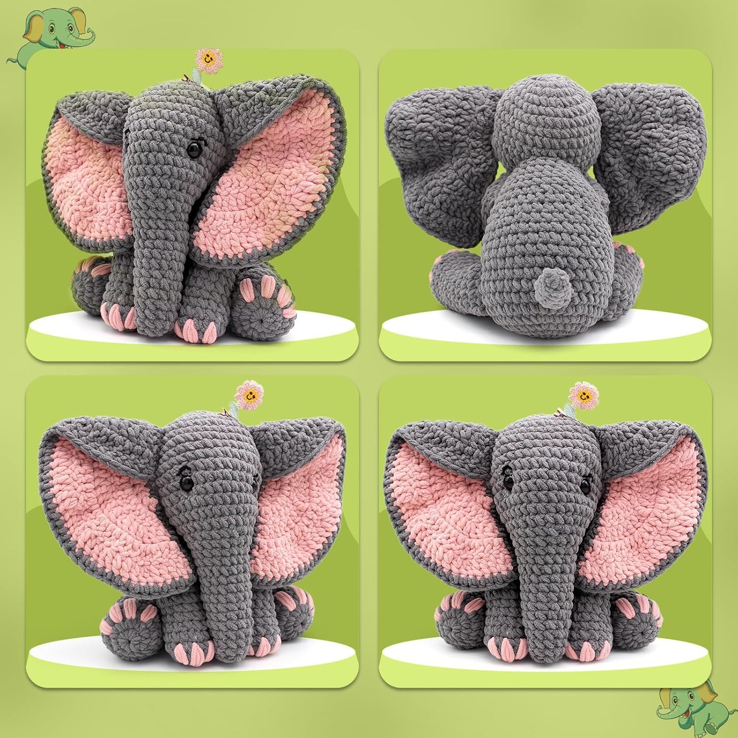 Shows the crocheted elephant toy from all angles (front, back, and sides) to help shoppers understand the full design, craftsmanship, and details of the product.