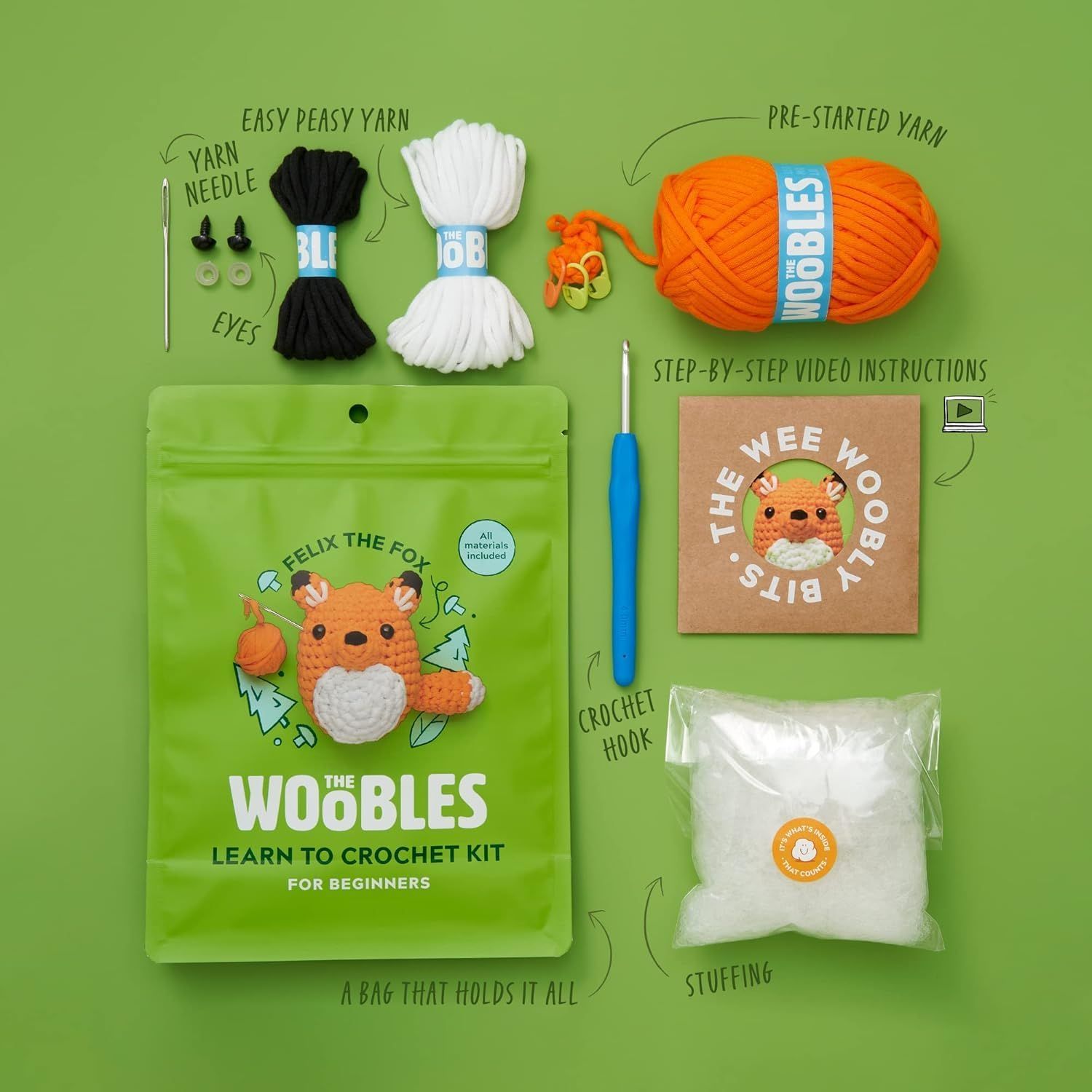Shows everything included in the crochet kit so shoppers understand exactly what they will receive when they purchase the product.