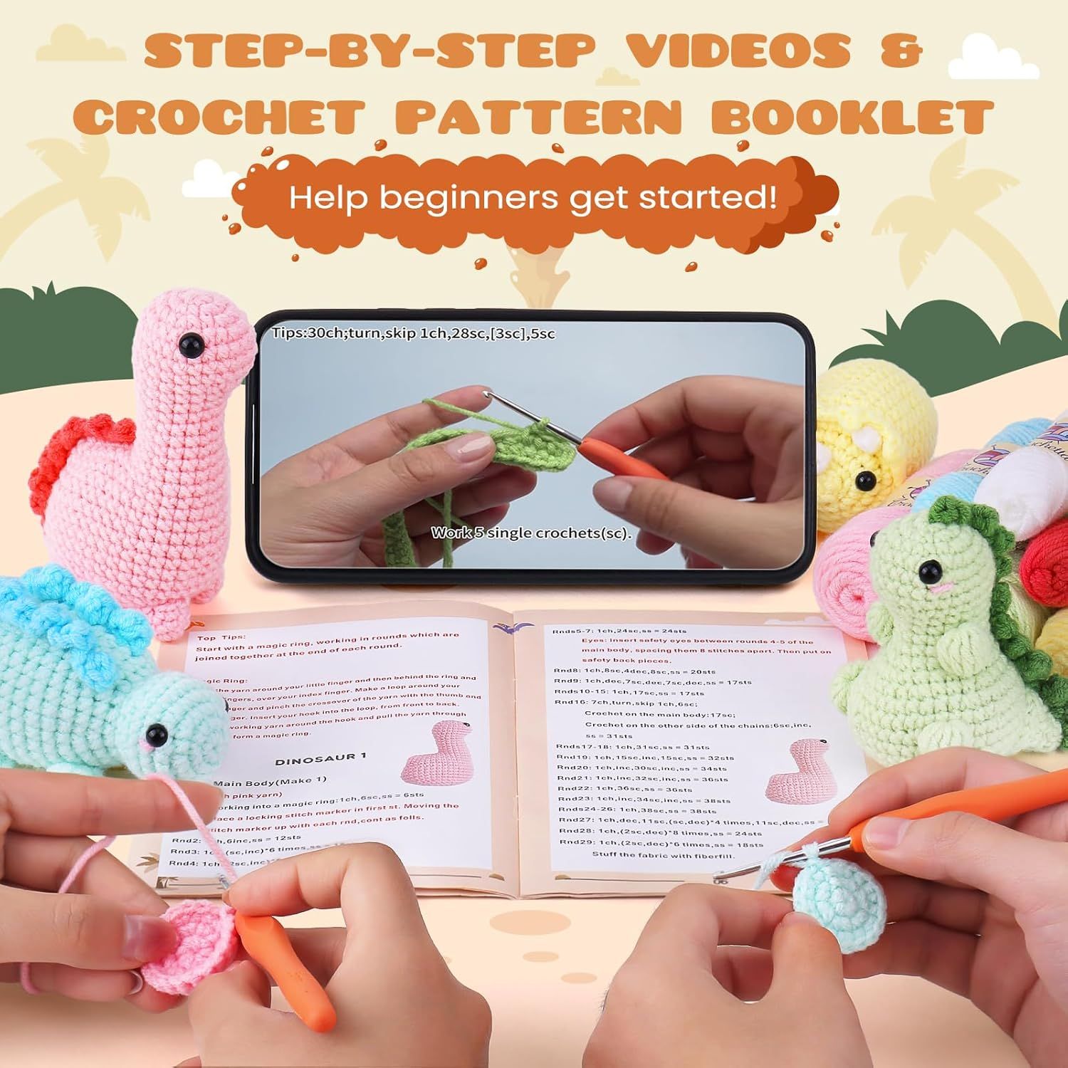 Shows everything included with the product to help beginners learn crochet, including instructional videos and a printed pattern booklet.