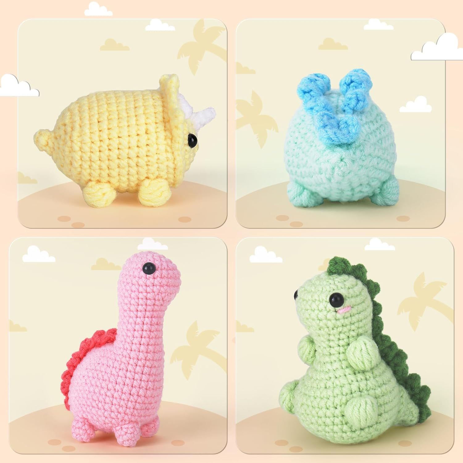 Demonstrates the variety of cute crochet animal designs available, showing shoppers the different styles and colors they can choose from or create.