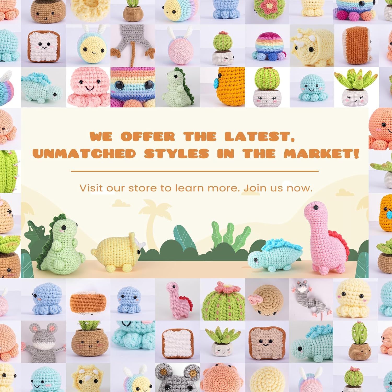 Emphasizes the brand's wide selection of unique crochet styles and invites shoppers to visit the store, building brand identity and trust.