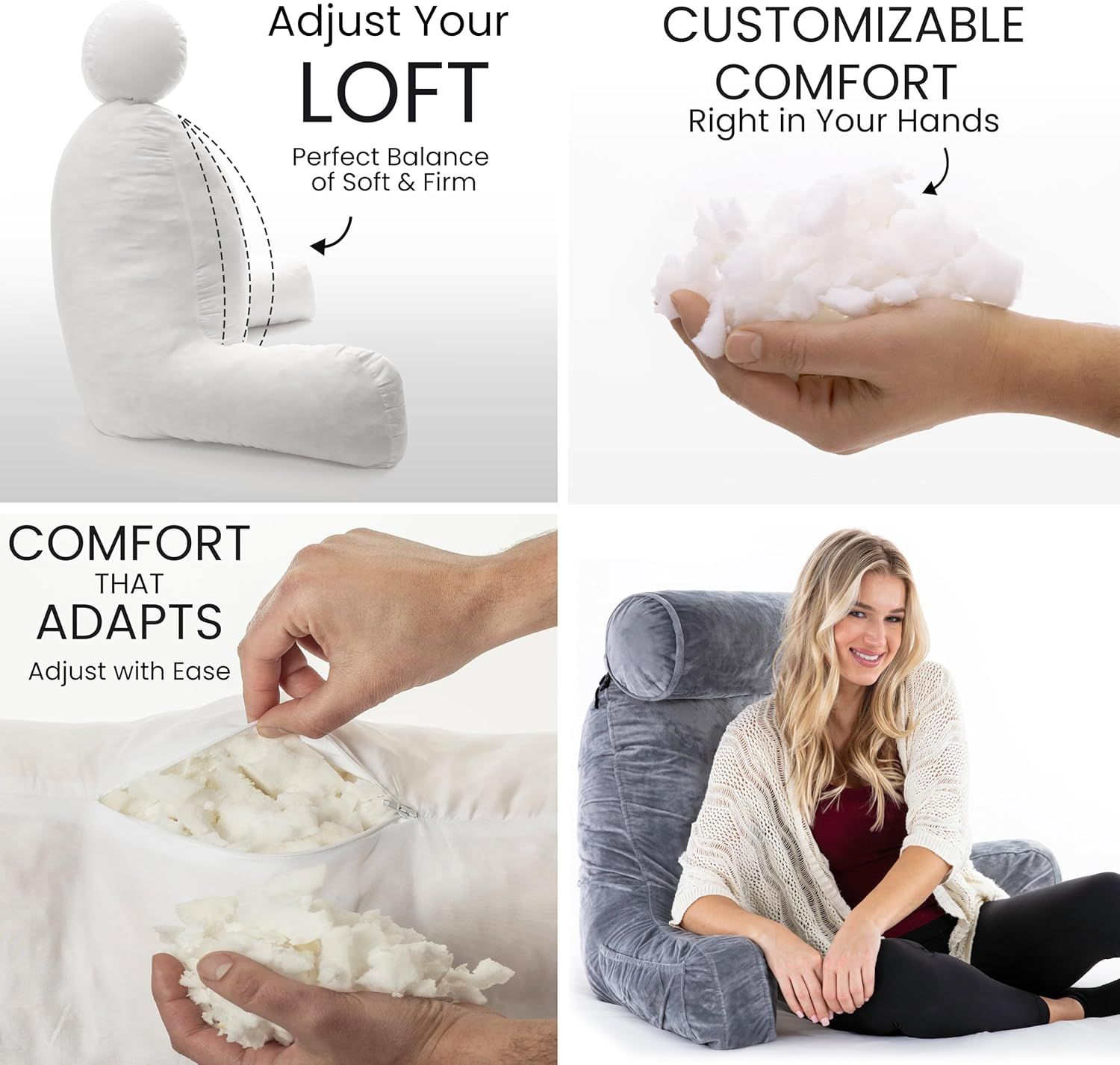 Communicates that the pillow offers multiple customizable features including adjustable loft for soft and firm balance, removable fill for personalized comfort, and adaptable support that can be…