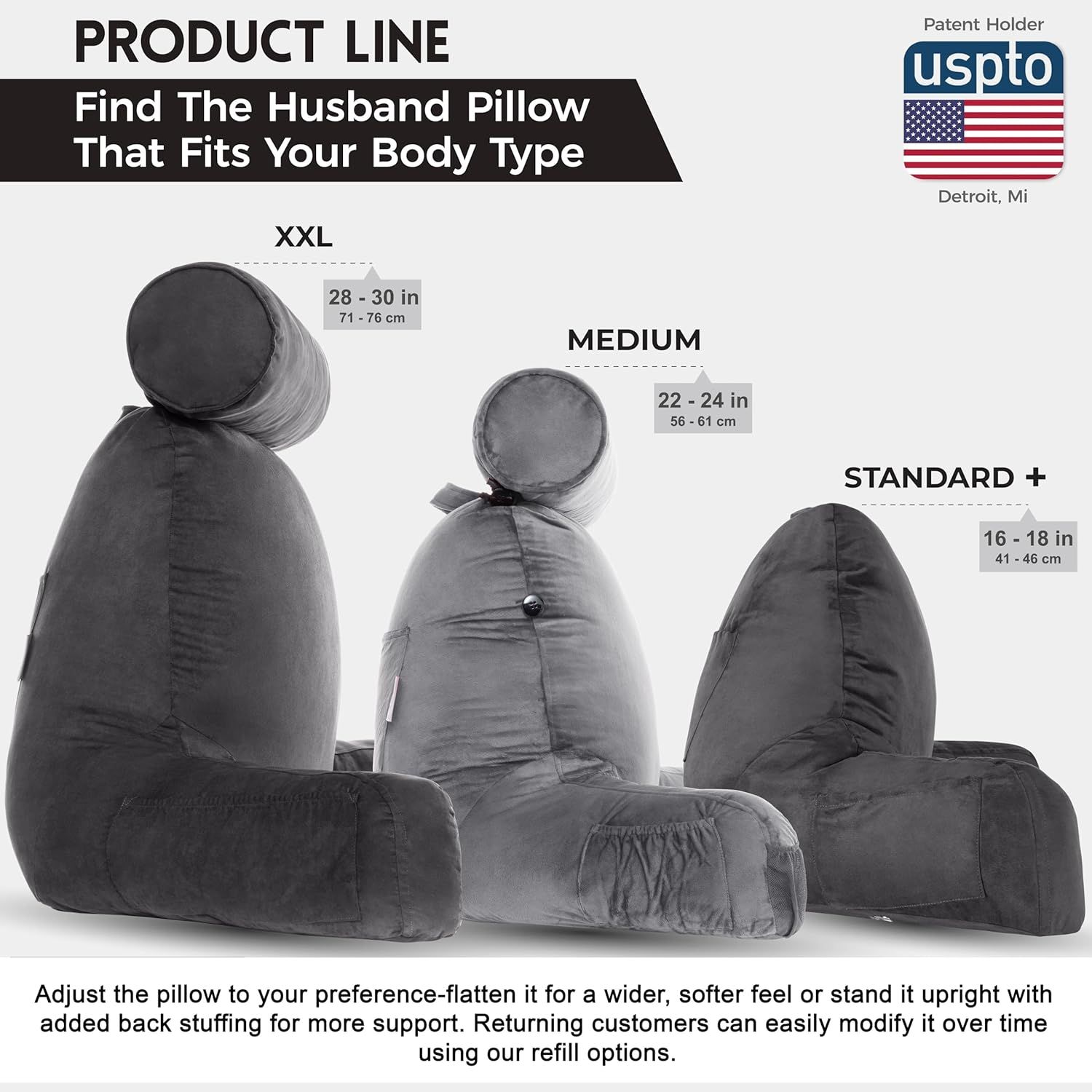 Helps shoppers select the correct husband pillow size based on their body type by showing three size options with corresponding measurements in inches and centimeters.