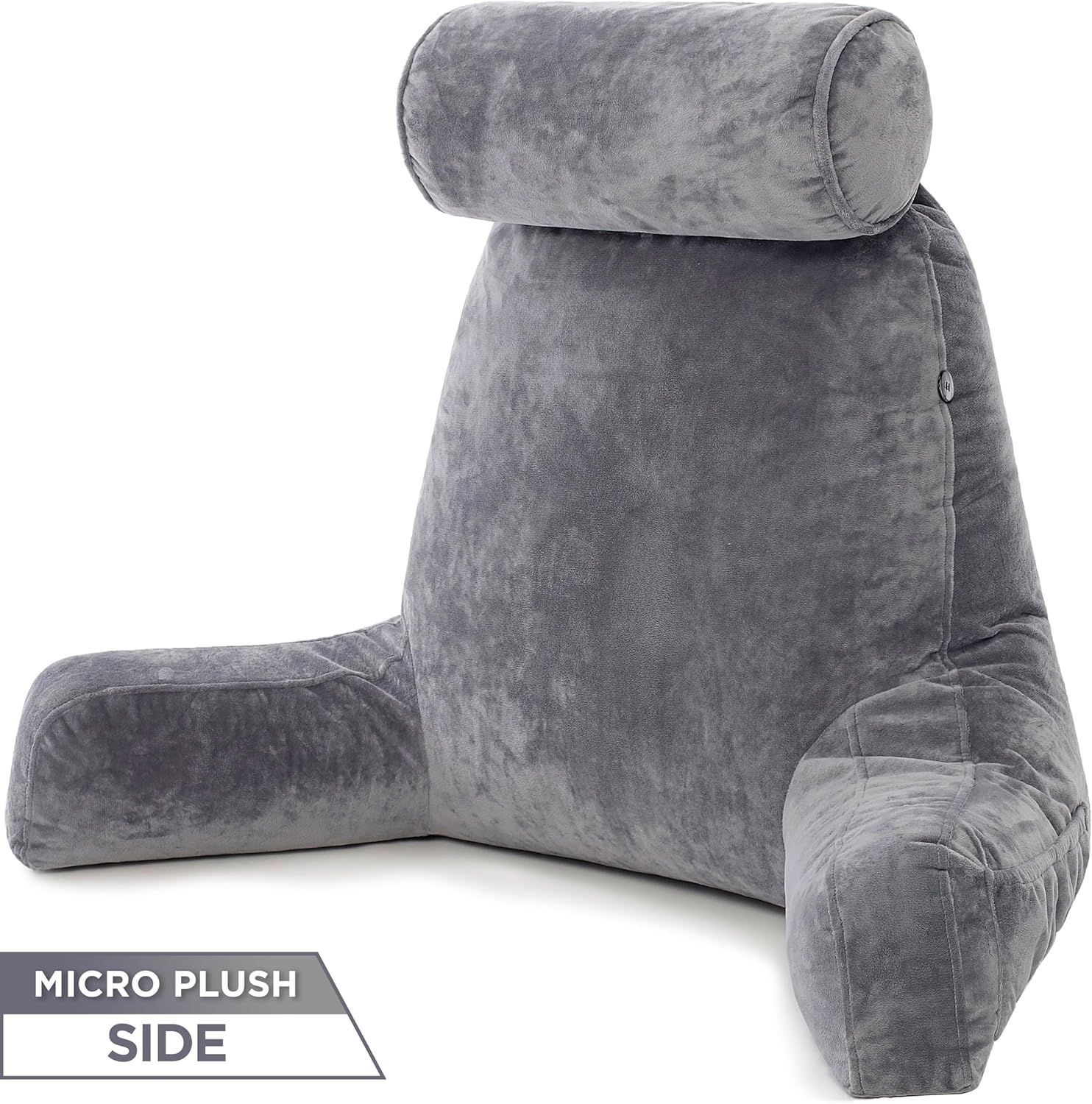 Highlights the soft micro plush fabric used on the side of the backrest pillow to communicate comfort and premium material quality to shoppers.