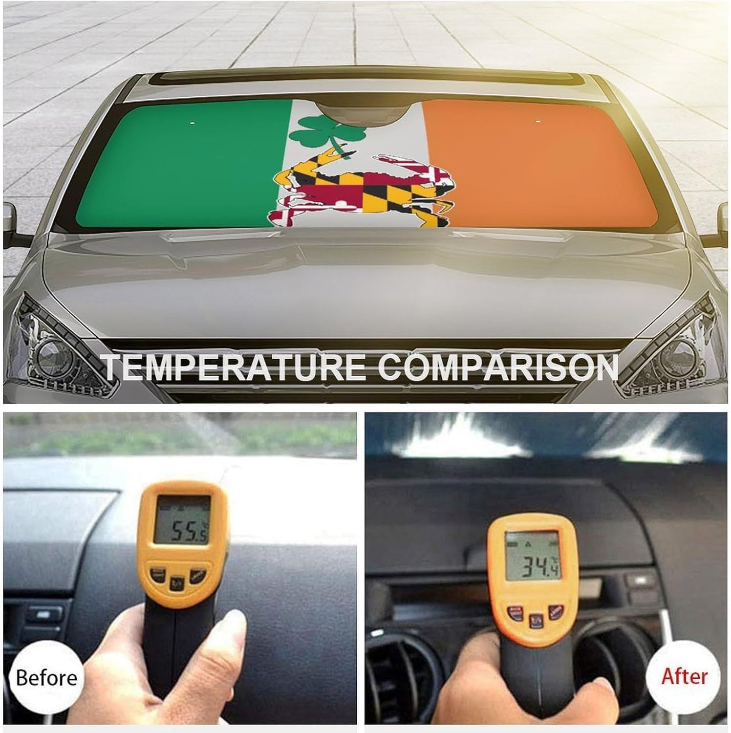 Demonstrates the product's effectiveness at reducing interior car temperature by showing a before measurement of 55.5 degrees and an after measurement of 34.5 degrees.