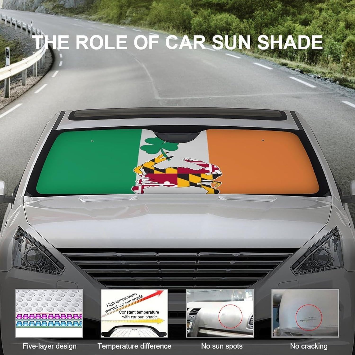 Communicates multiple benefits of the car sun shade including its layered construction, ability to regulate temperature, prevention of sun damage, and durability against cracking.