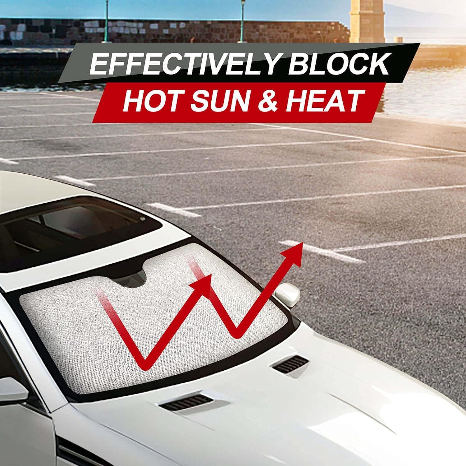Communicates that the product effectively blocks hot sun and heat from entering the vehicle, keeping the interior cooler.