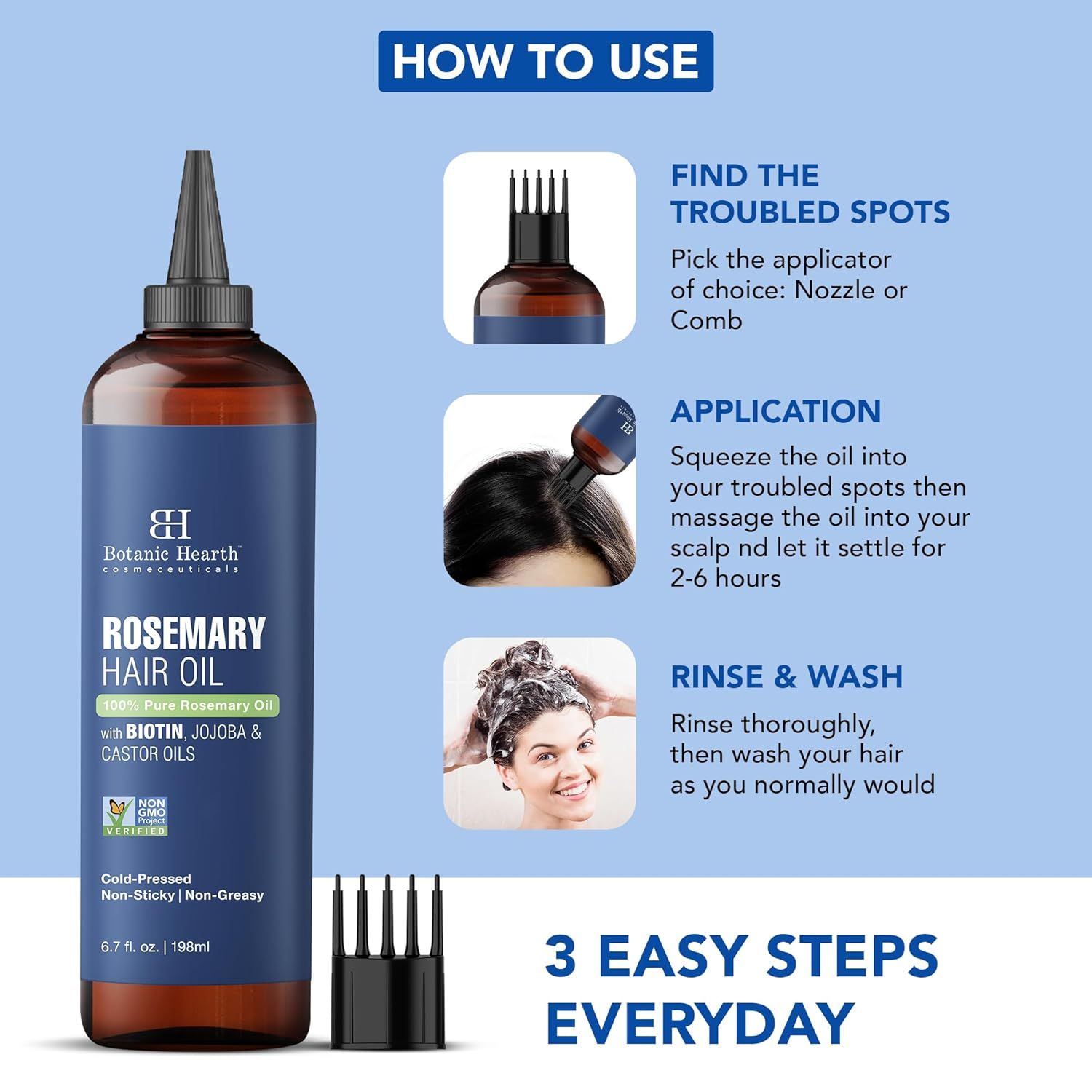 Explains how to use the rosemary hair oil product in three easy steps: finding troubled spots, applying the oil, and rinsing/washing to reduce friction during onboarding.