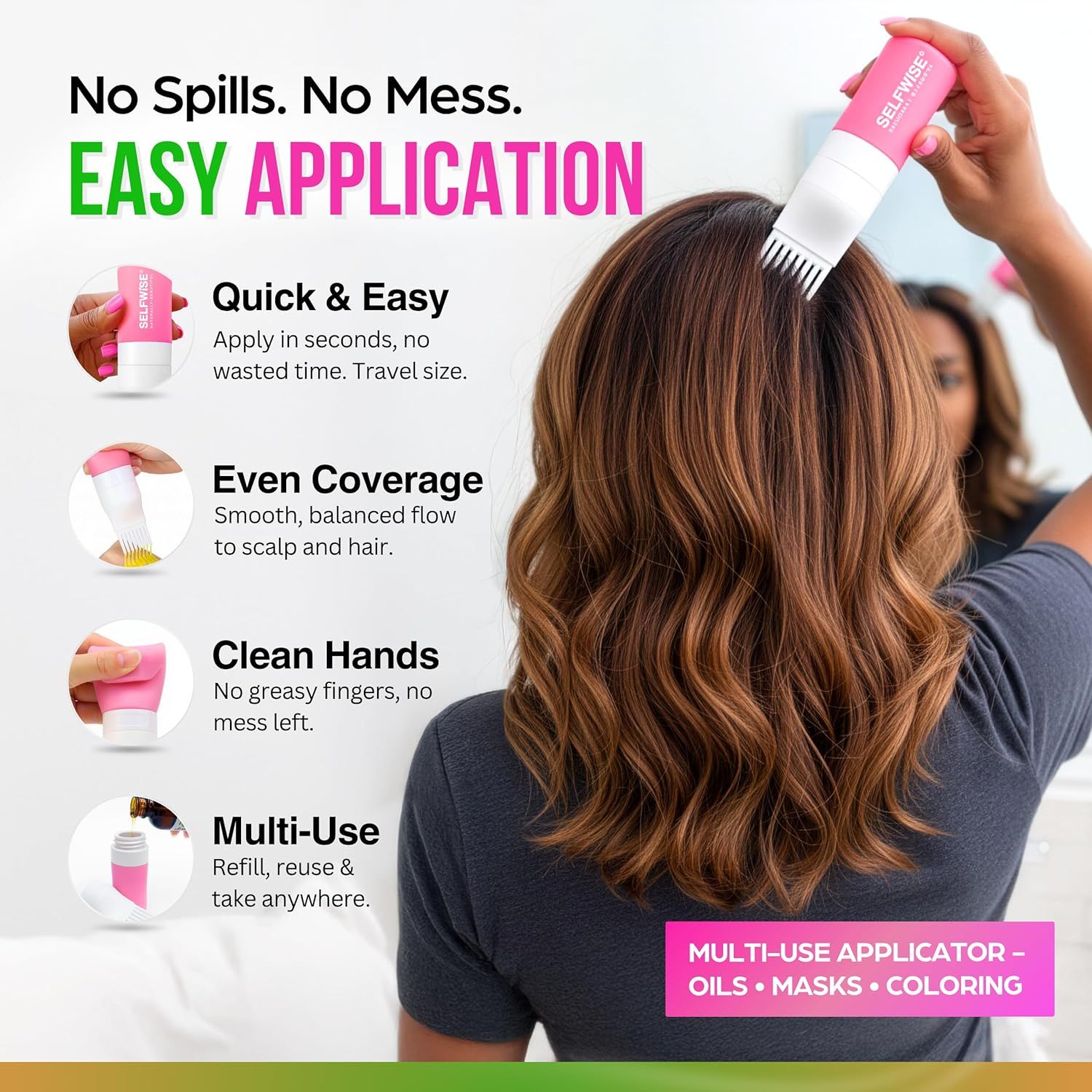 Showcases multiple benefits of the hair product applicator including mess-free application, even coverage, clean hands, and versatility for oils, masks, and coloring to demonstrate its comprehensive…