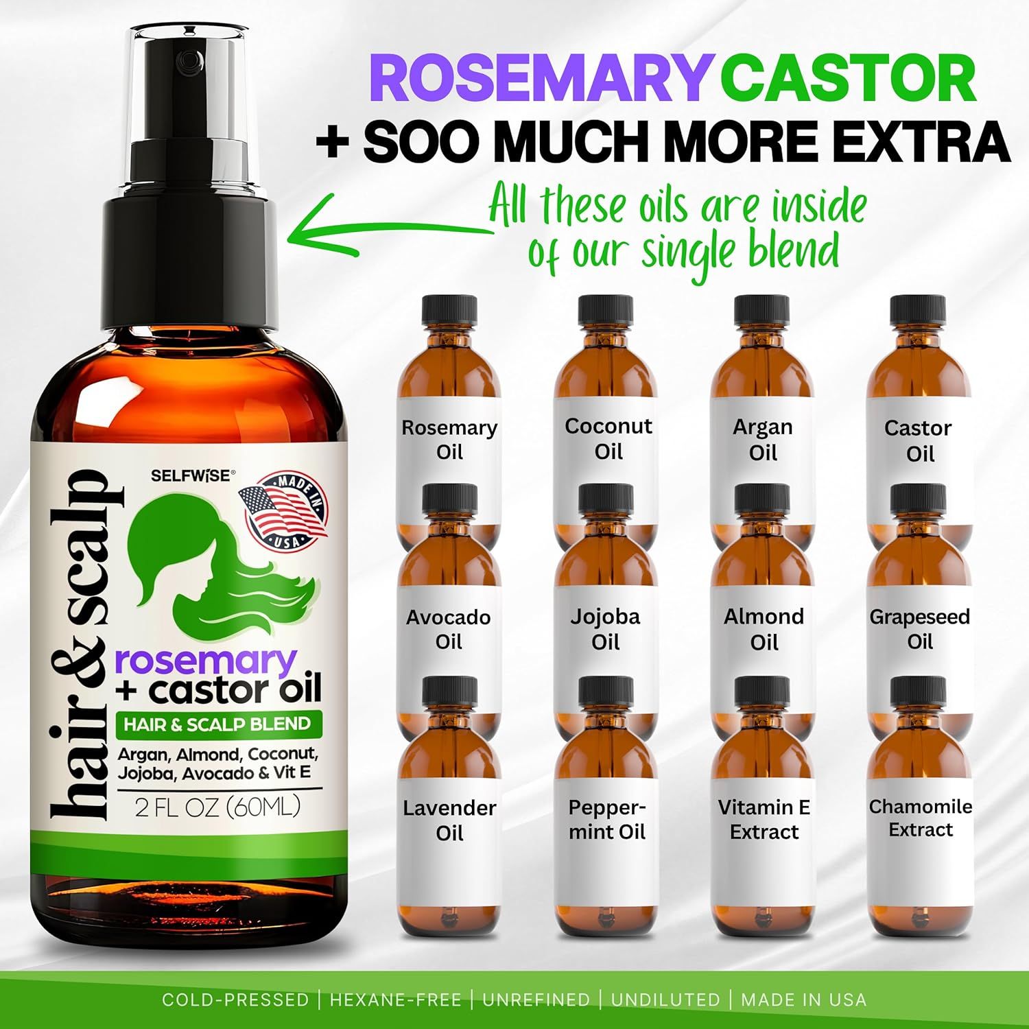 Shows all the oils and extracts included in the hair and scalp blend to communicate the comprehensive formula and value of multiple ingredients in one product.