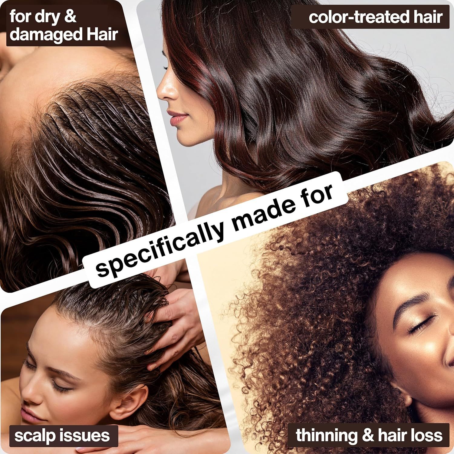 Demonstrates the versatility of the product by showing it works for various hair types and concerns including dry and damaged hair, color-treated hair, scalp issues, and thinning hair.