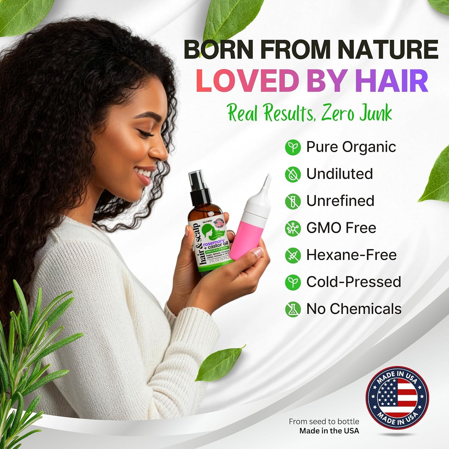 Communicates multiple natural and quality attributes of the hair oil product to reassure shoppers that it is safe, pure, and free from harmful additives.