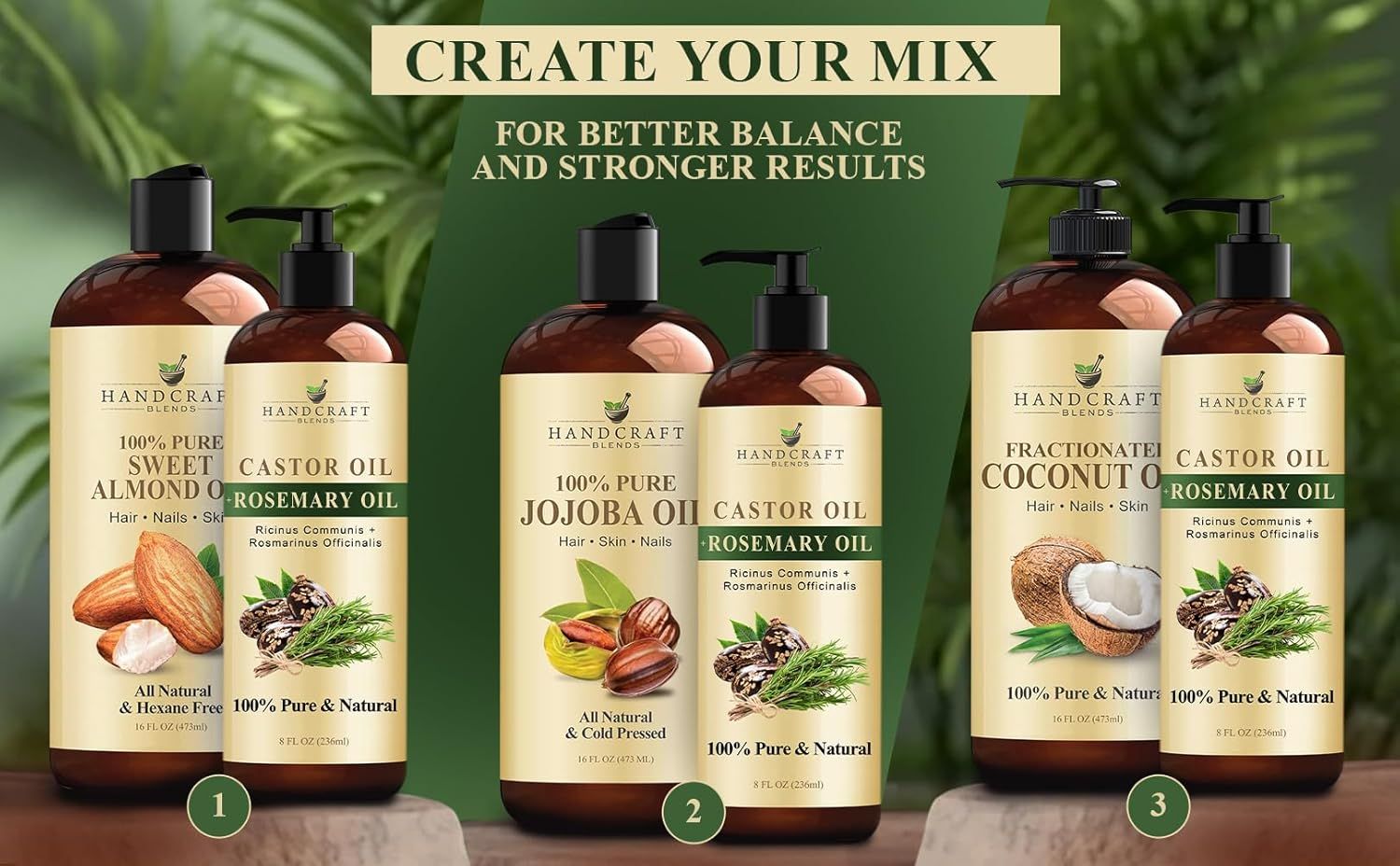 Demonstrates the versatility of the product line by showing different oil combinations that can be mixed together for customized hair, skin, and nail care solutions.