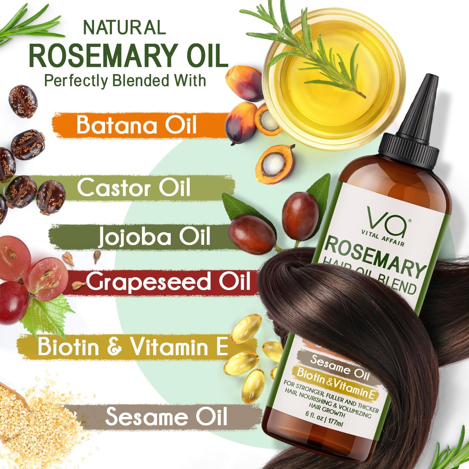 Shows all the natural oils and ingredients included in the rosemary hair oil blend to communicate the product's natural formulation and ingredient transparency.
