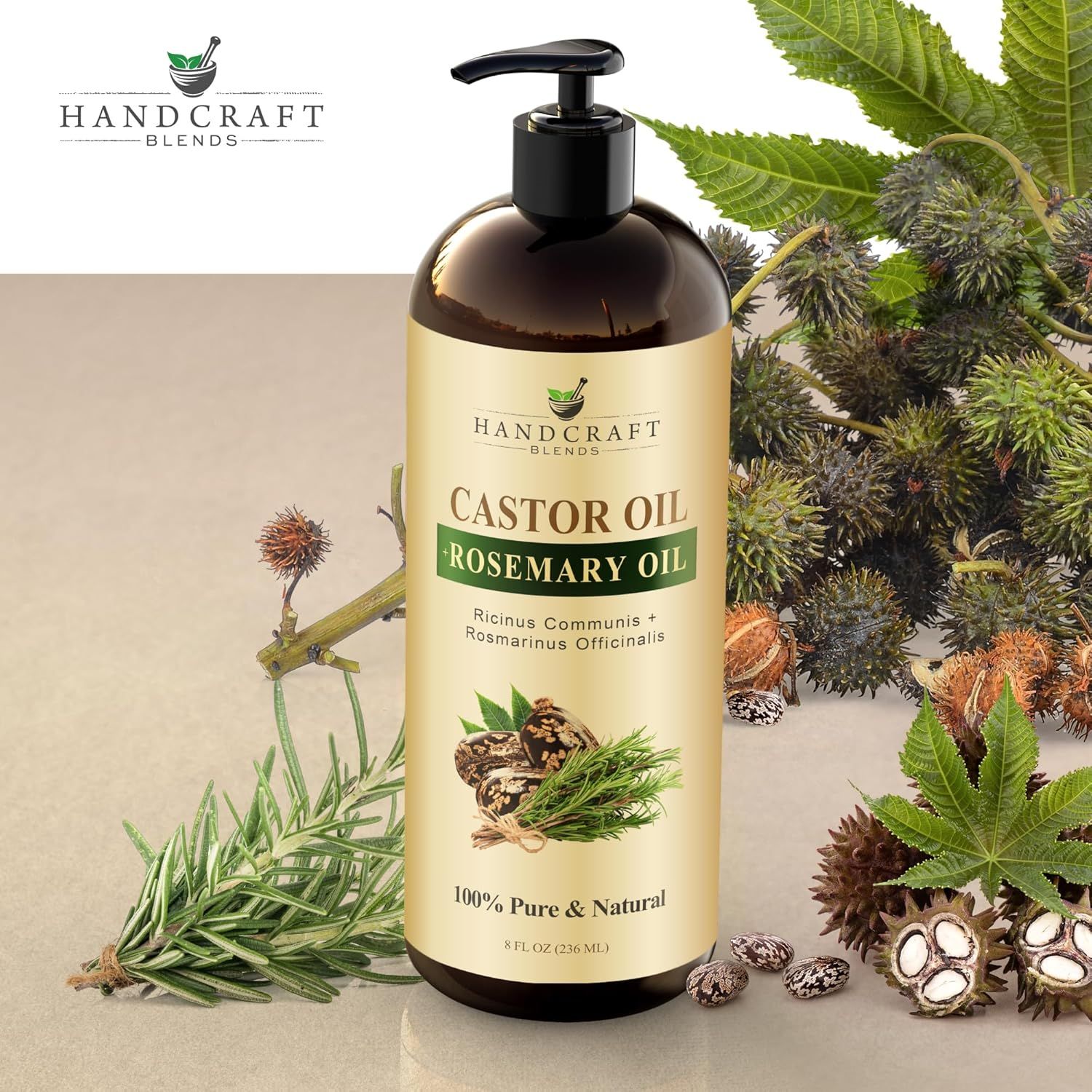 Shows the product in a natural, botanical setting with raw ingredients to emphasize its organic and handcrafted nature, building trust and visual appeal.