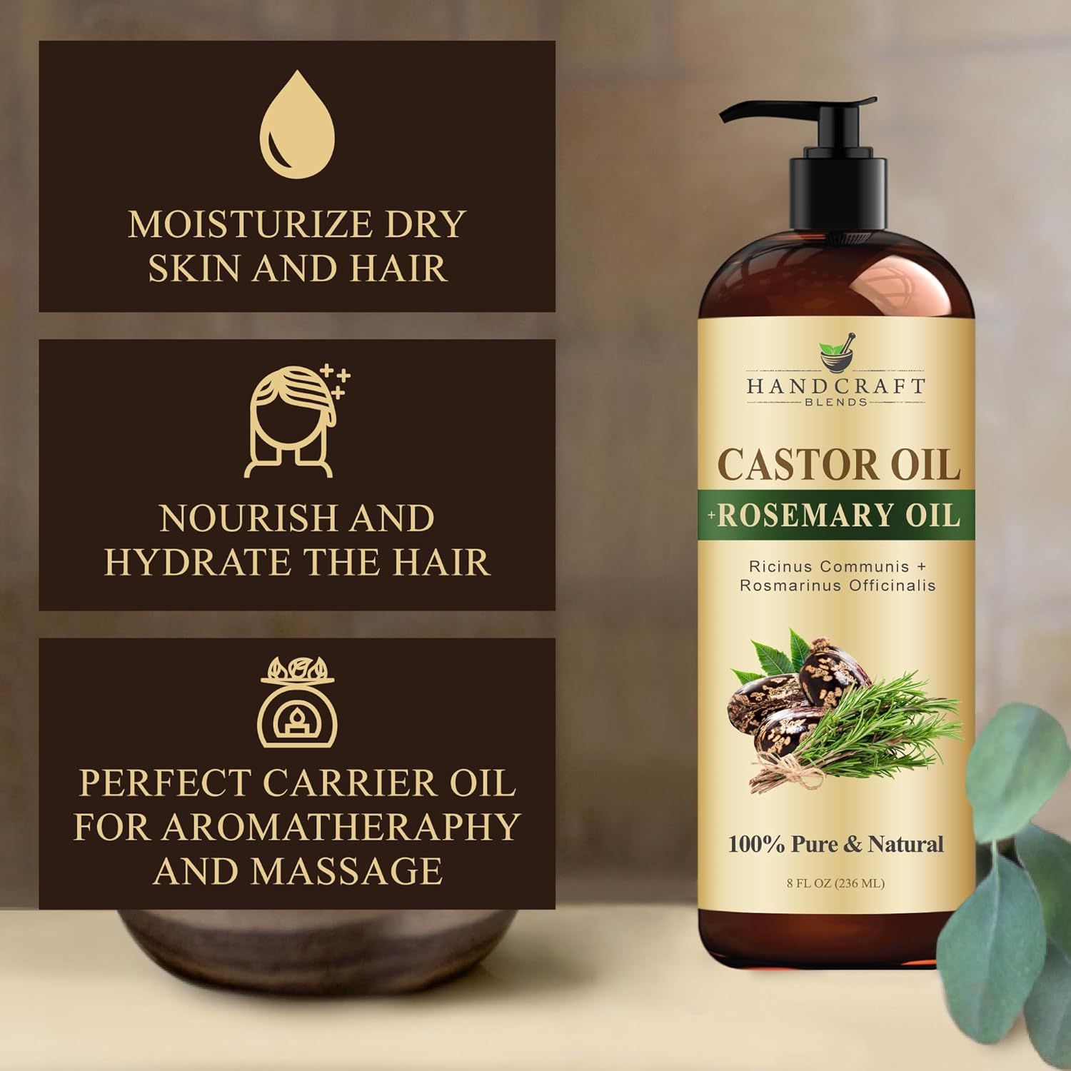 Communicates three distinct benefits of the castor oil product: moisturizing for skin and hair, nourishing and hydrating hair, and serving as a carrier oil for aromatherapy and massage applications.