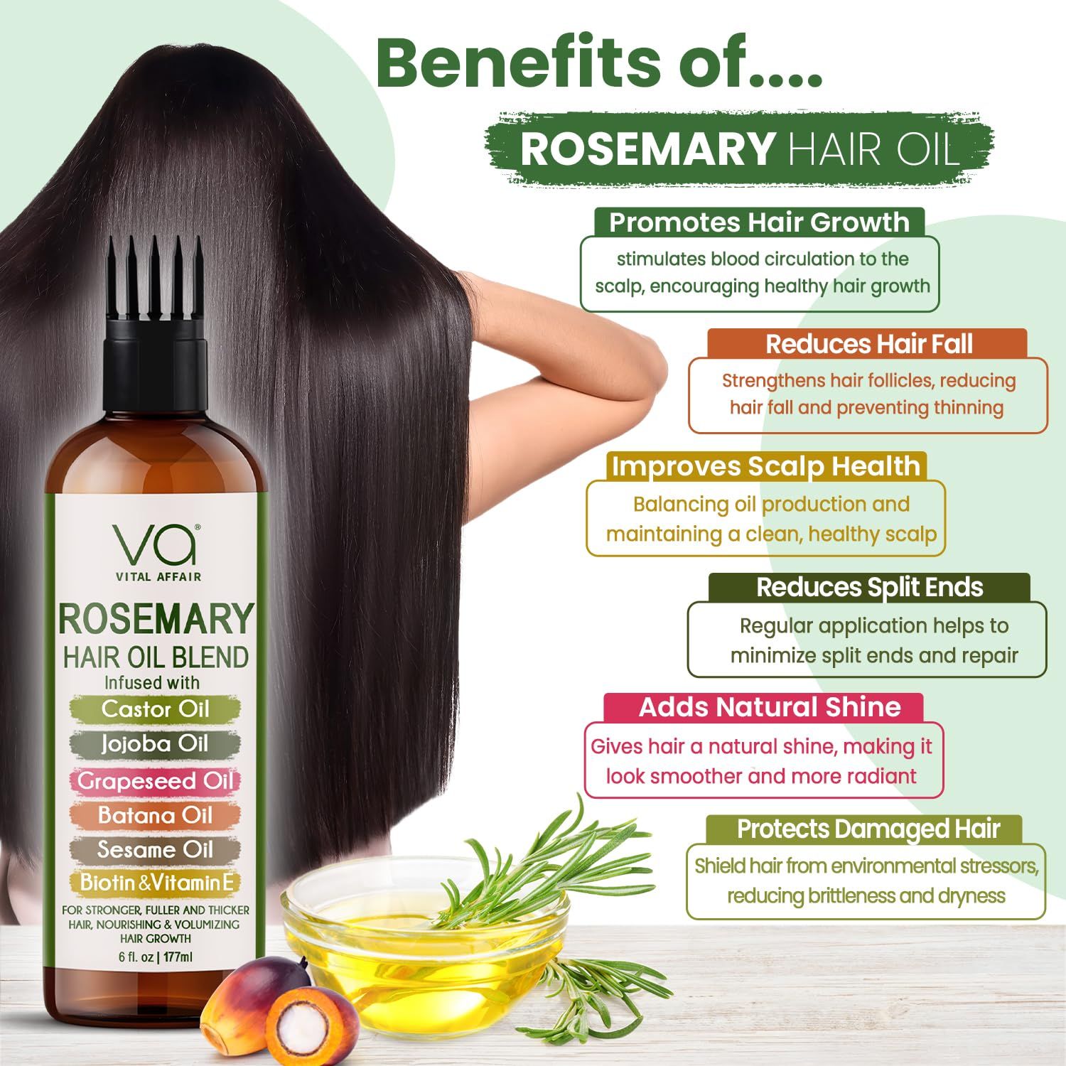 Showcases six distinct benefits of the rosemary hair oil to demonstrate its versatility and comprehensive hair care solution, helping shoppers understand the multiple ways the product improves hair…
