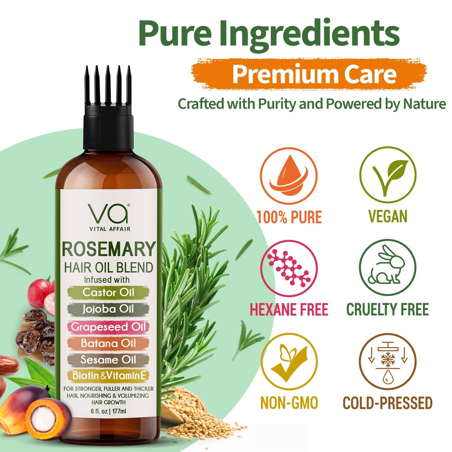 Communicates multiple product qualities and certifications to reassure shoppers that the hair oil is made with clean, ethical, and natural ingredients.