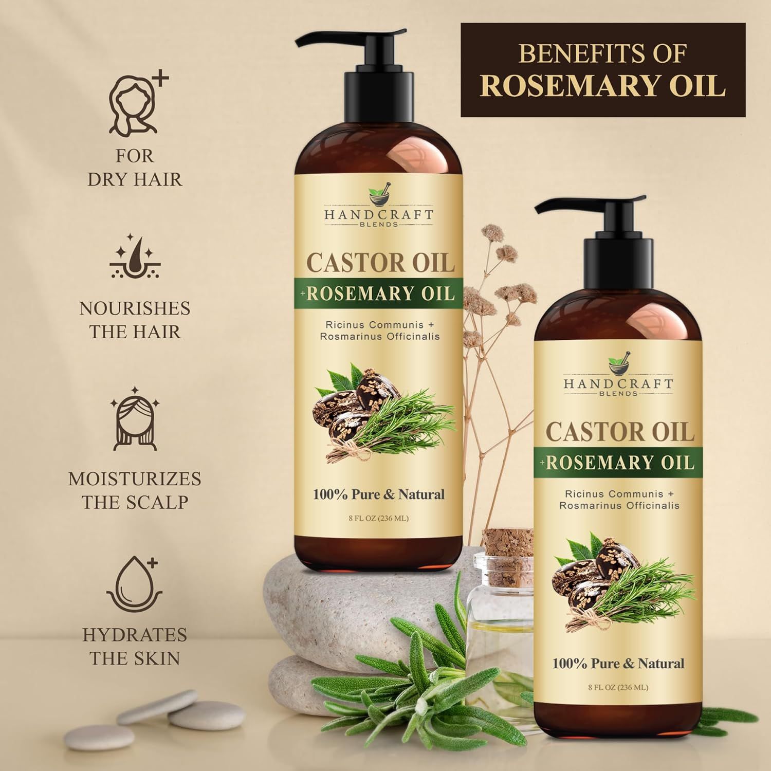 Communicates the multiple benefits of rosemary oil in the product, showing shoppers how it addresses dry hair, nourishes, moisturizes the scalp, and hydrates skin.
