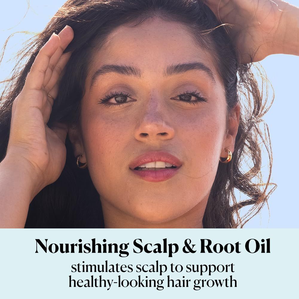 Communicates that the product stimulates the scalp to support healthy-looking hair growth, emphasizing a single key benefit with lifestyle imagery.