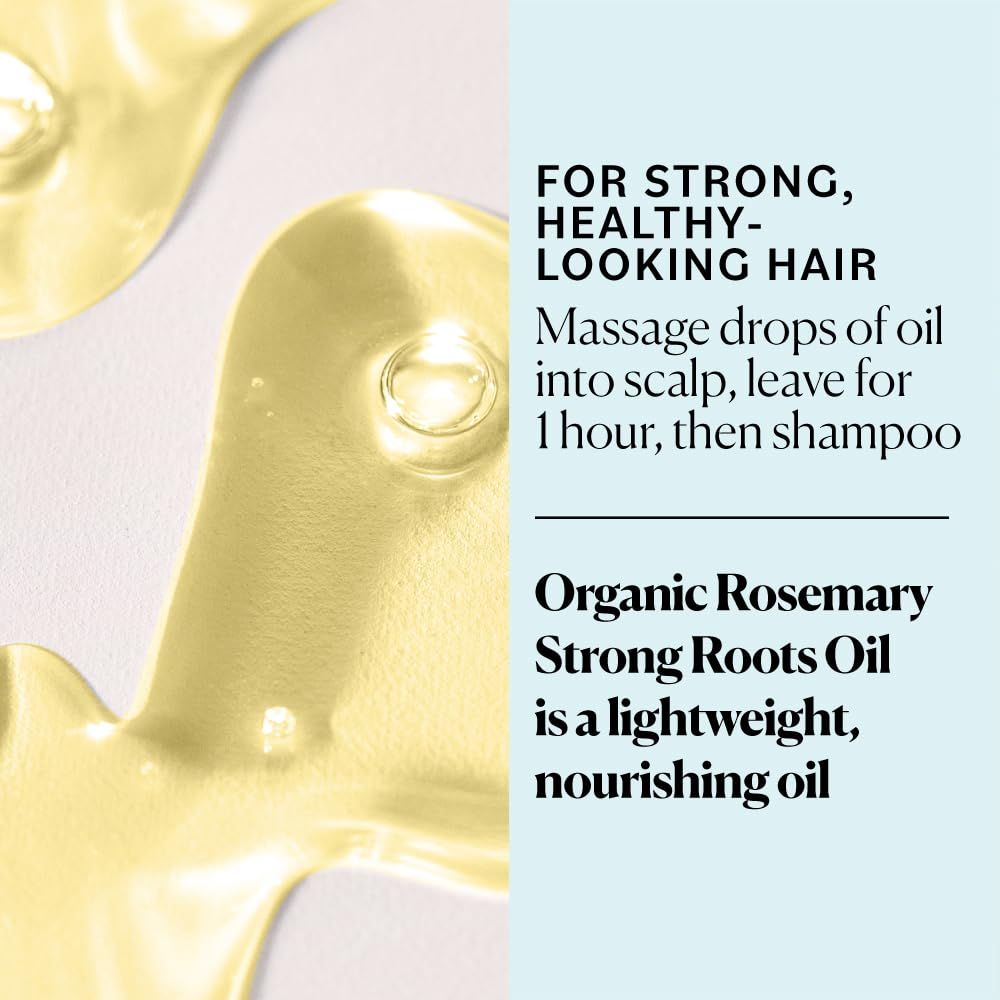 Communicates that the Organic Rosemary Strong Roots Oil is a lightweight, nourishing treatment that strengthens hair when massaged into the scalp. Provides clear usage instructions on how to apply…