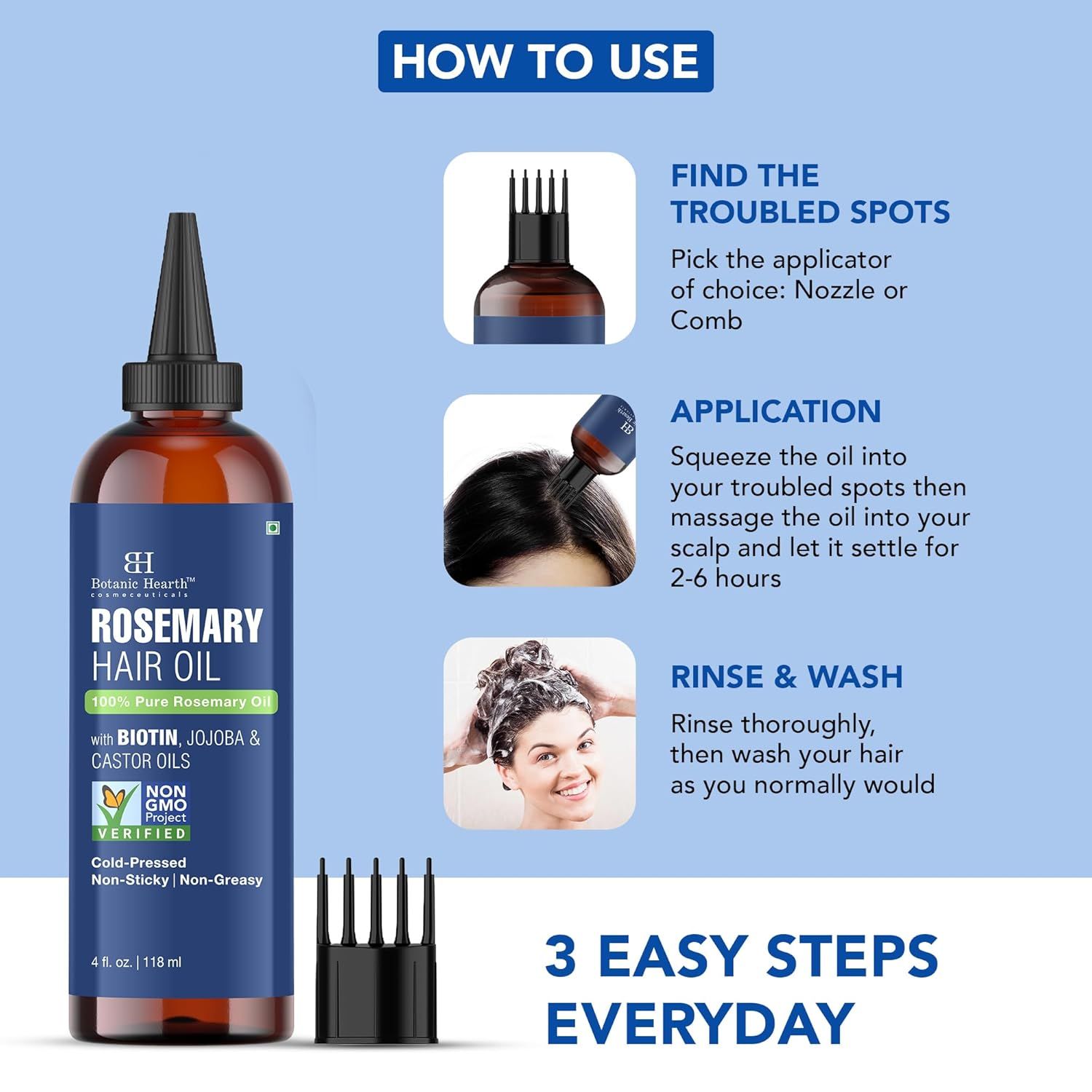 Explains how to use the rosemary hair oil in three easy steps: finding troubled spots and choosing an applicator, applying and massaging the oil into the scalp, and rinsing and washing the hair.