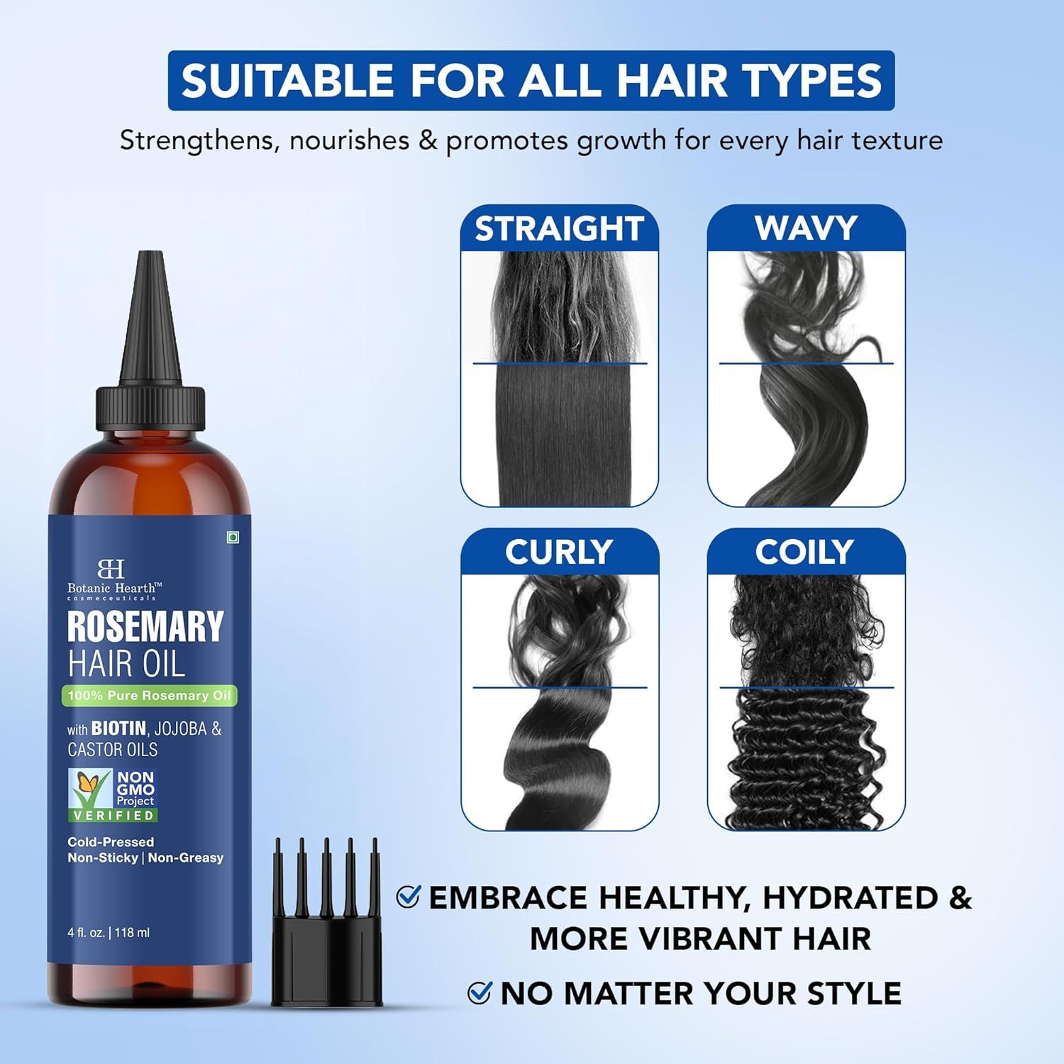 Demonstrates that the rosemary hair oil works effectively across different hair textures including straight, wavy, curly, and coily hair to strengthen, nourish, and promote growth.