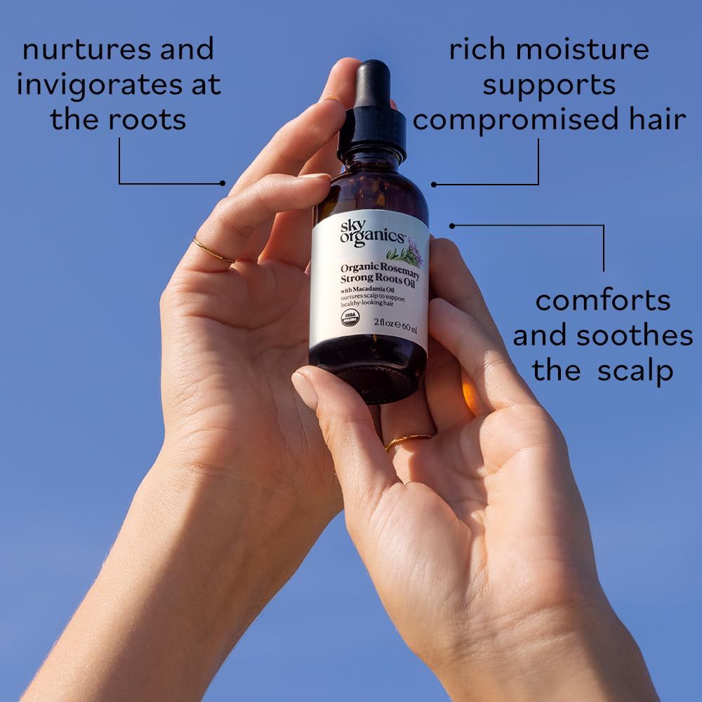 Communicates three distinct benefits of the rosemary hair oil to show shoppers how the product addresses multiple hair and scalp concerns in one formula.