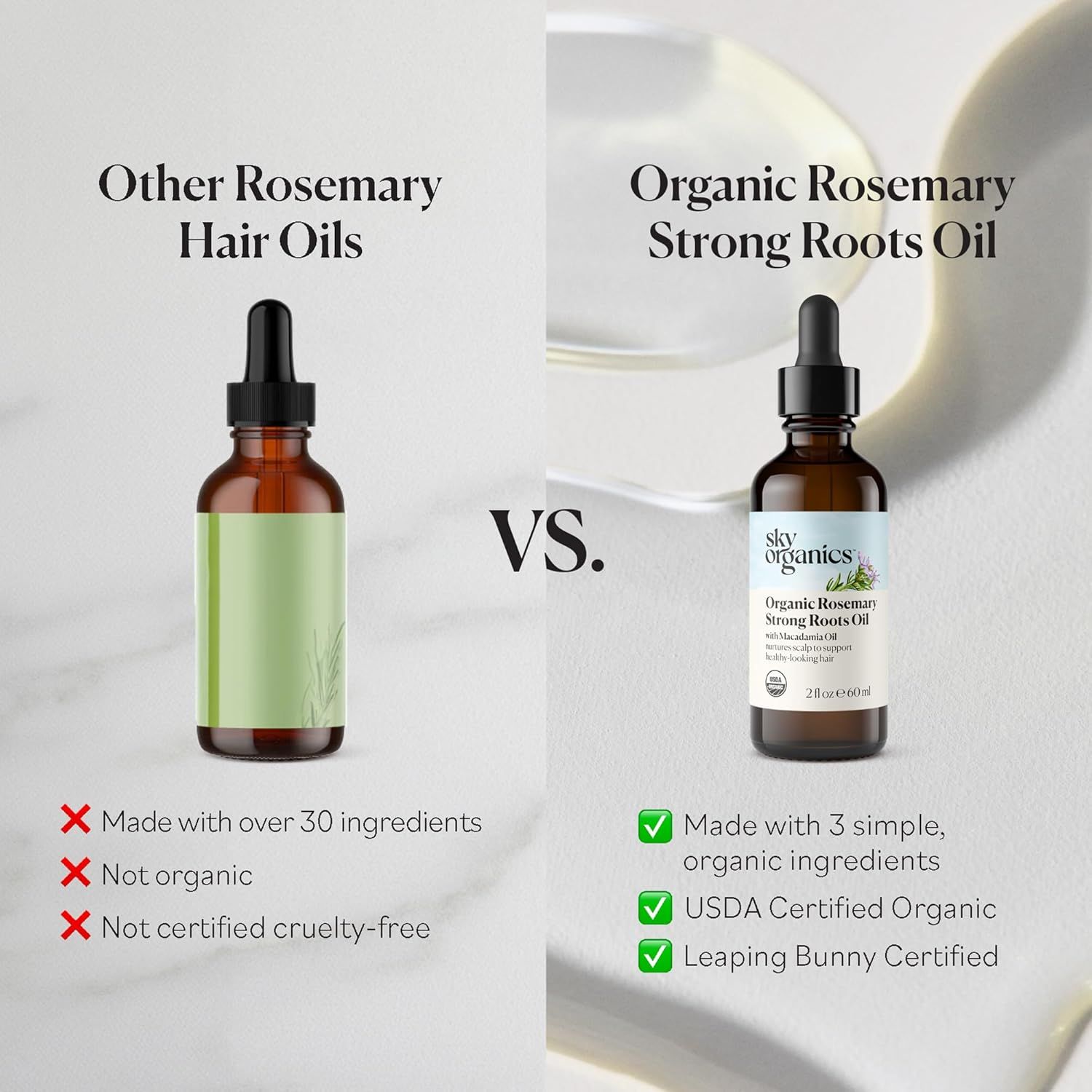 Compares the product to generic rosemary hair oils by highlighting its organic ingredients, simple 3-ingredient formula, USDA certification, and cruelty-free status to demonstrate superiority.