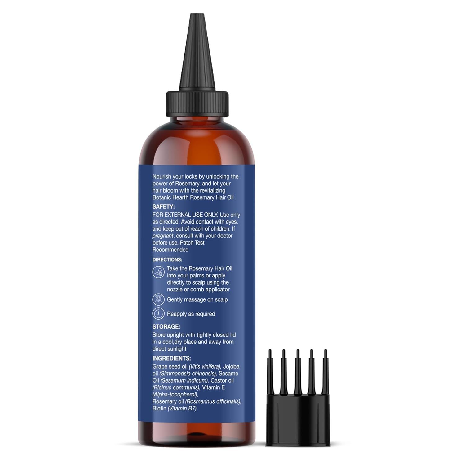 Provides step-by-step directions on how to apply the rosemary hair oil, including safety information, storage instructions, and ingredients to help customers use the product correctly and safely.