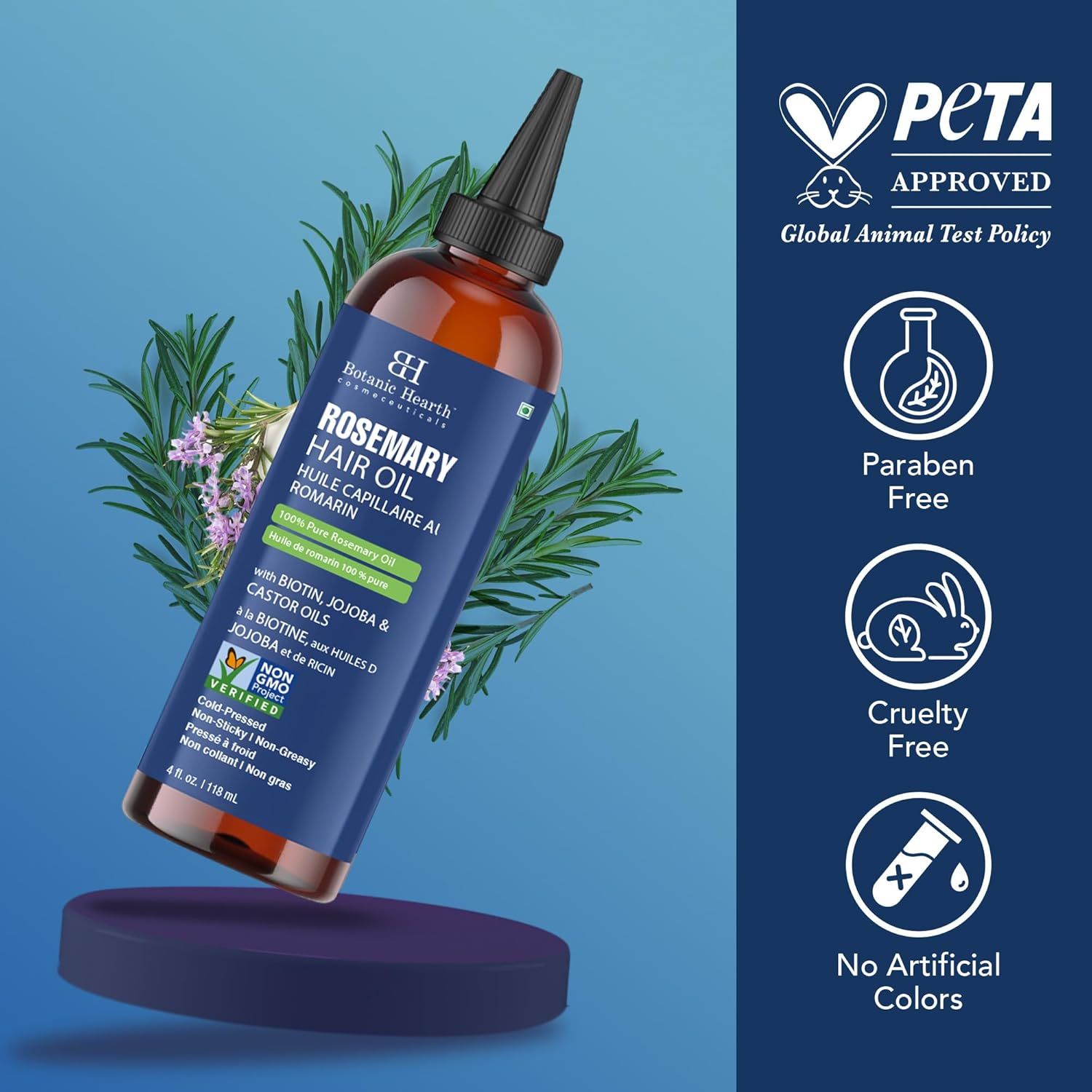 Communicates multiple ethical and safety benefits of the rosemary hair oil to reassure shoppers that the product is cruelty-free, paraben-free, and free of artificial colors.