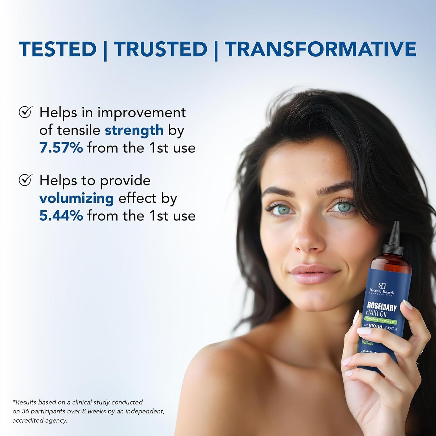 Communicates quantifiable benefits of the hair oil using specific percentages to show measurable improvements in hair strength and volume from first use. Showcases two distinct benefits of the…