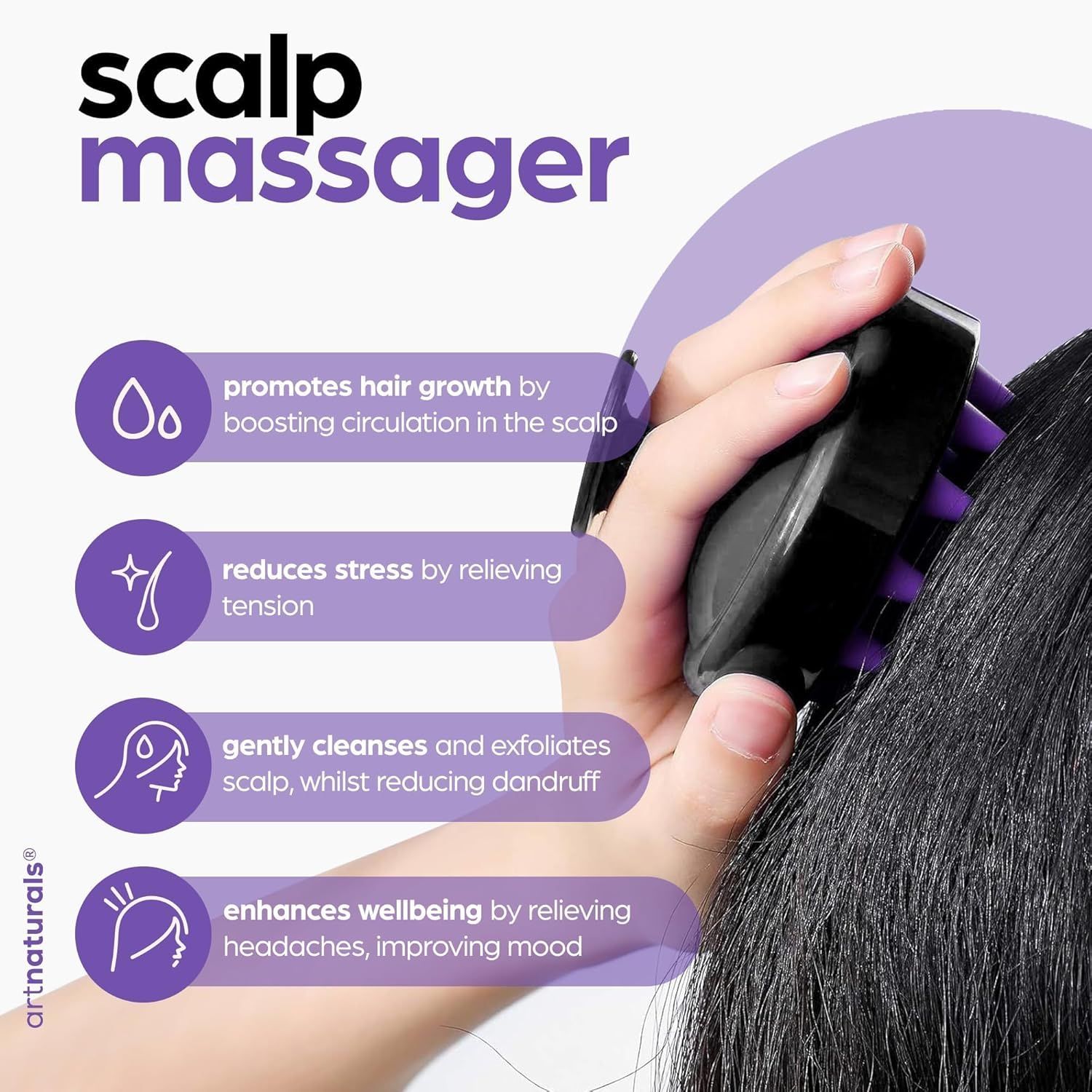 Showcases four distinct benefits of the scalp massager including hair growth promotion, stress reduction, cleansing, and wellbeing enhancement to demonstrate the product's versatility and multiple…