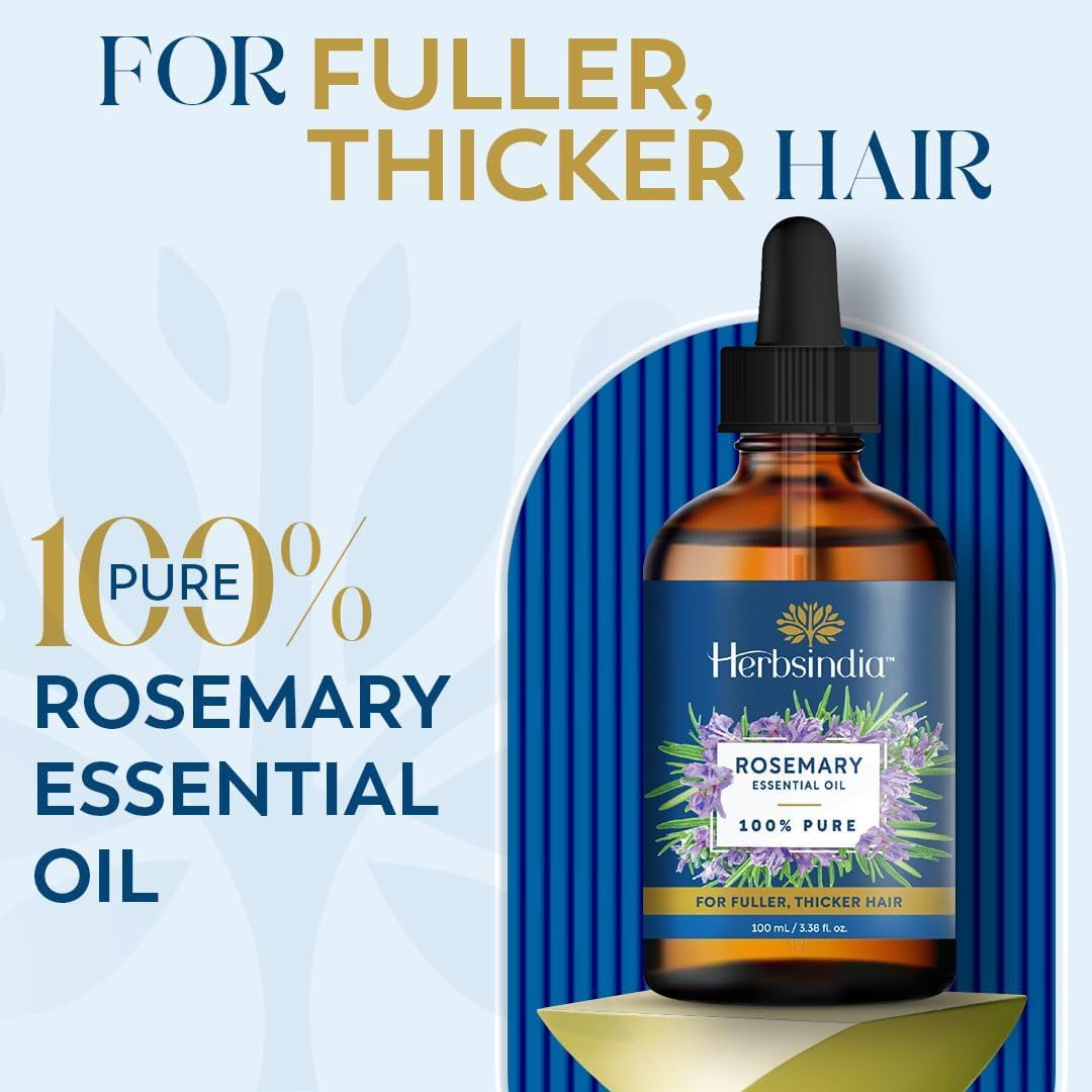 Communicates that the product is 100% pure rosemary essential oil designed to promote fuller and thicker hair, emphasizing purity and a specific hair benefit.