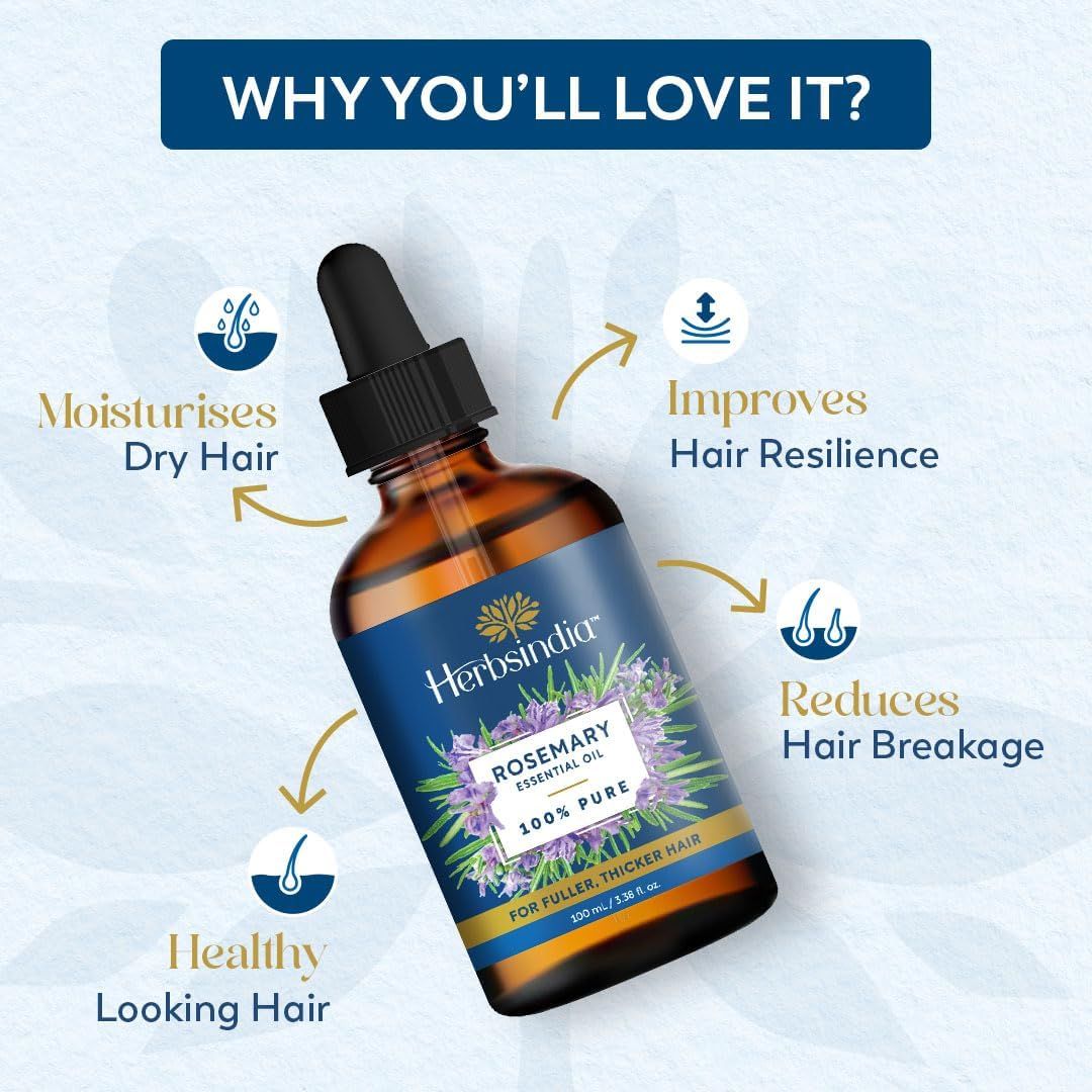 Showcases four key benefits of the rosemary essential oil product to demonstrate its versatility and effectiveness for hair care, helping shoppers understand multiple reasons to purchase.