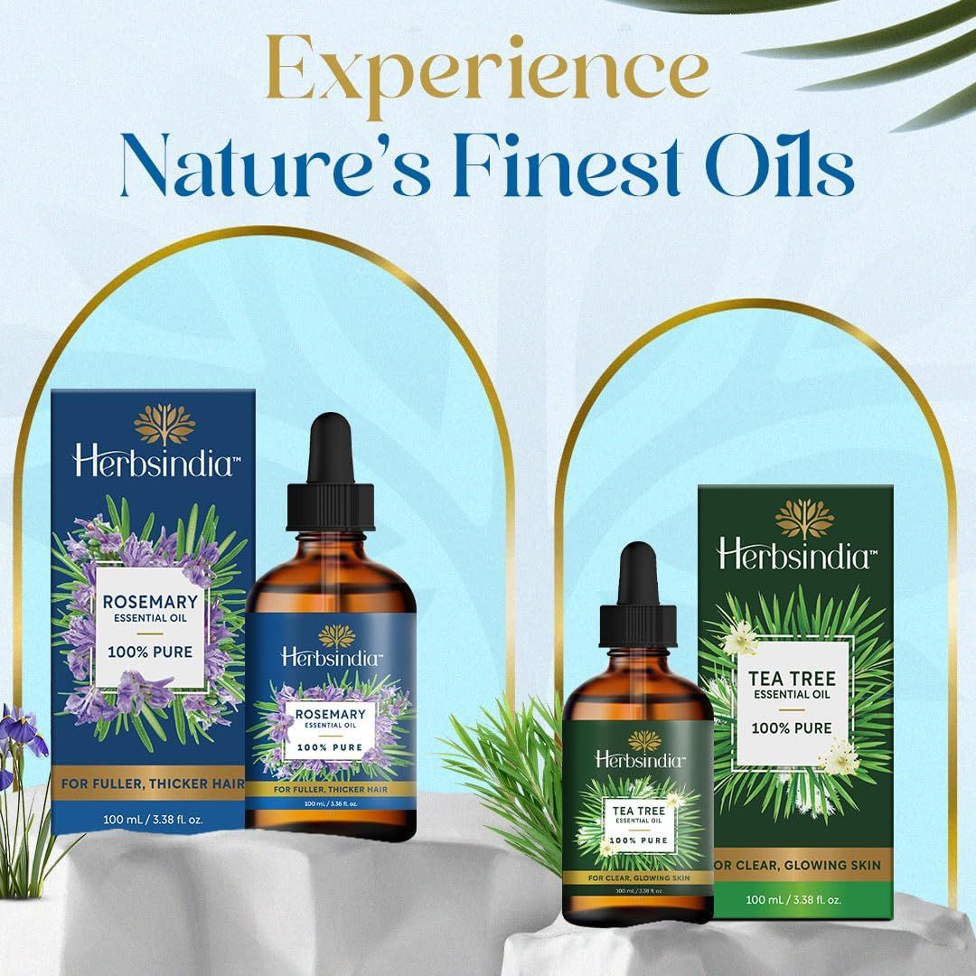 Demonstrates the different use cases for the essential oils, showing rosemary oil for fuller, thicker hair and tea tree oil for clear, glowing skin to communicate product versatility.