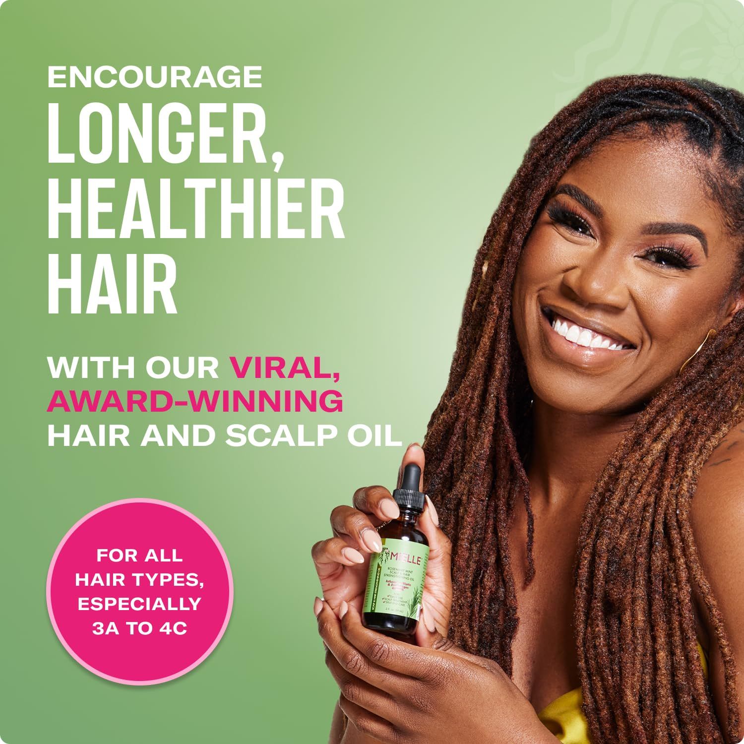 Communicates that the hair and scalp oil promotes longer, healthier hair, reassuring shoppers of its effectiveness and award-winning status.