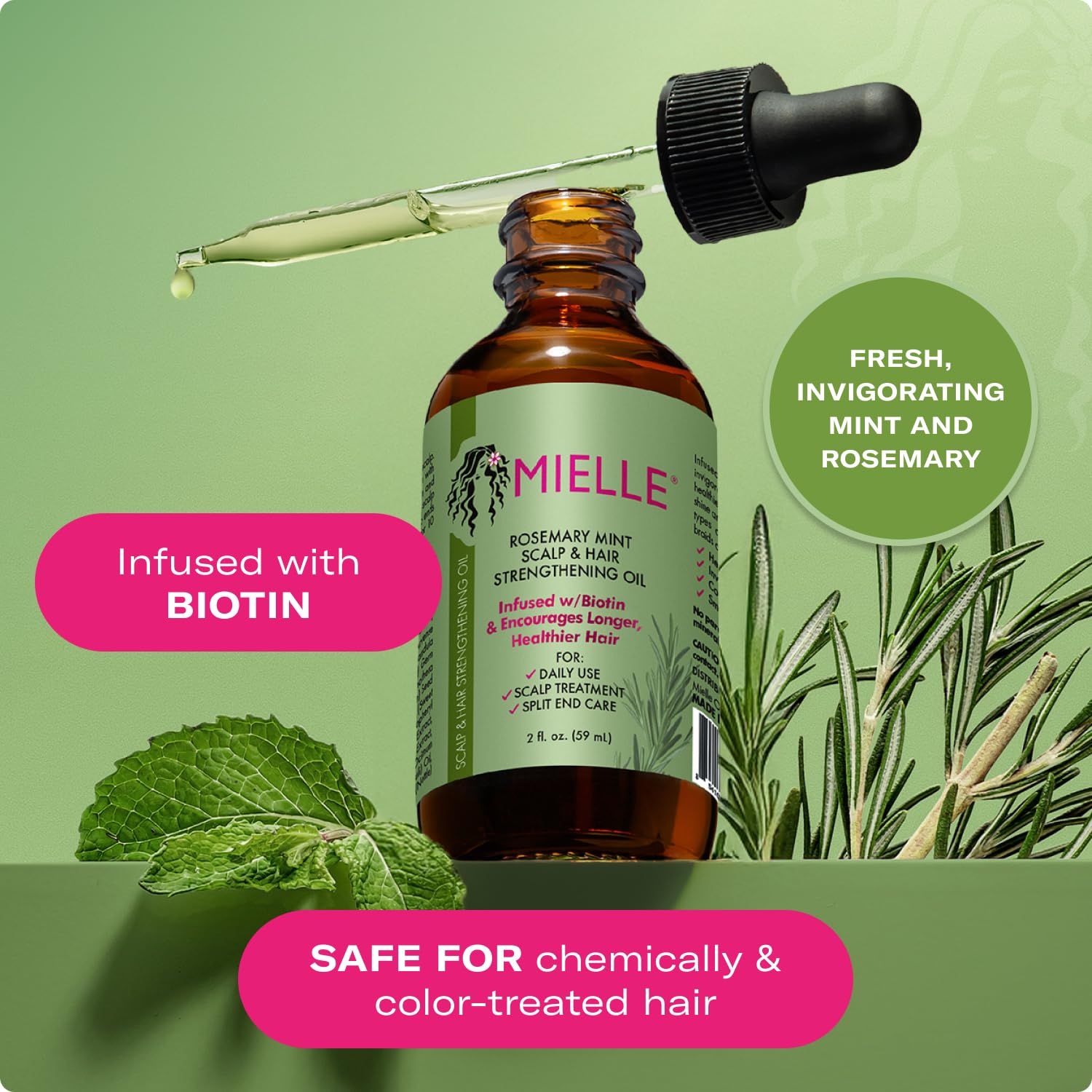 Communicates multiple key benefits of the hair oil including biotin infusion for strengthening, refreshing natural scent, and safety for treated hair to appeal to a broad range of shoppers.