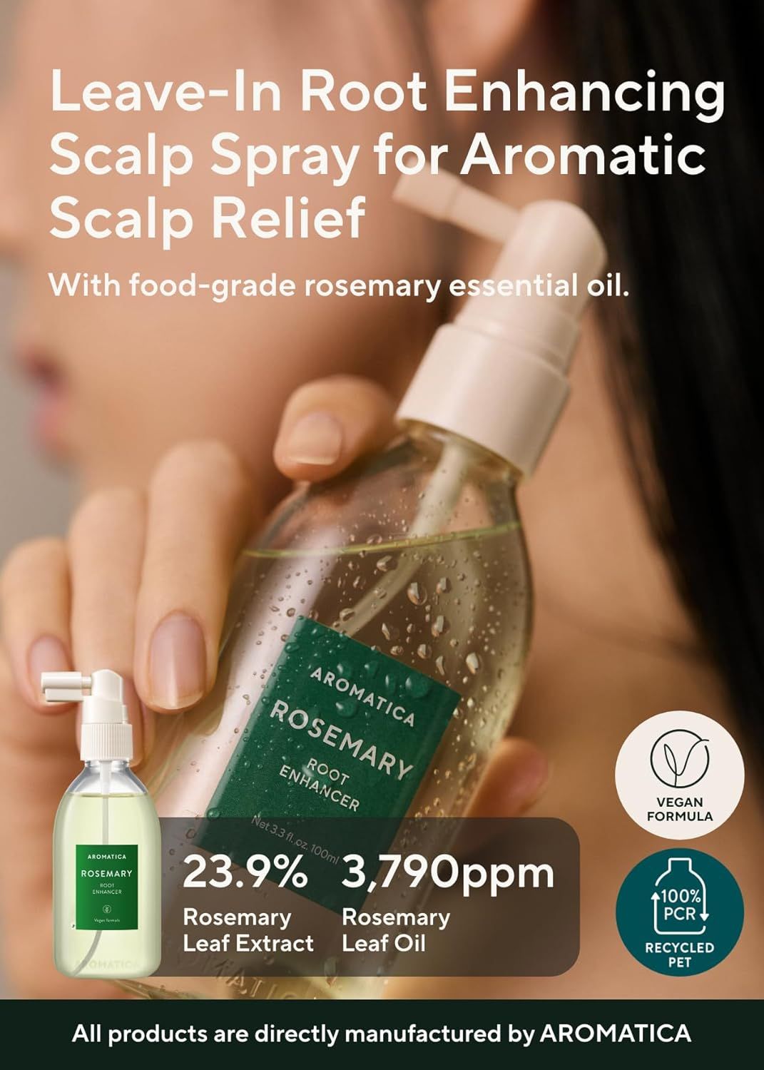 Communicates multiple product benefits including root enhancement, scalp relief, natural ingredients, vegan formulation, and eco-friendly packaging to appeal to health-conscious and environmentally…