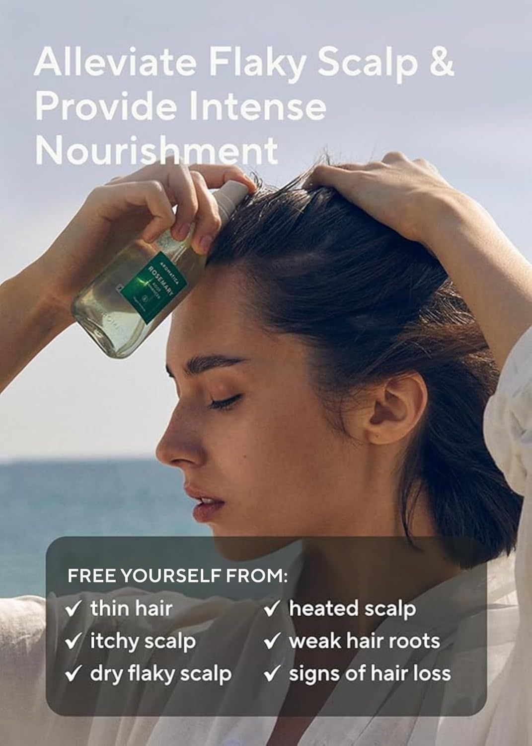 Communicates that the product solves multiple hair and scalp problems including flaky scalp, thin hair, itchy scalp, heated scalp, weak hair roots, and signs of hair loss while providing nourishment.
