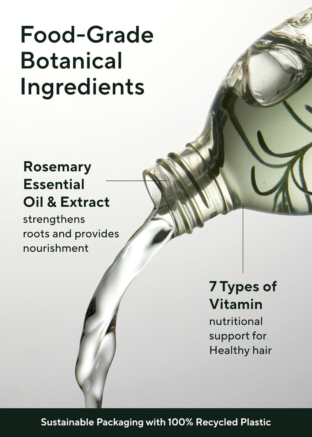 Communicates multiple product benefits including natural ingredients, nutritional support for healthy hair, and eco-friendly packaging to appeal to health-conscious and environmentally aware shoppers.
