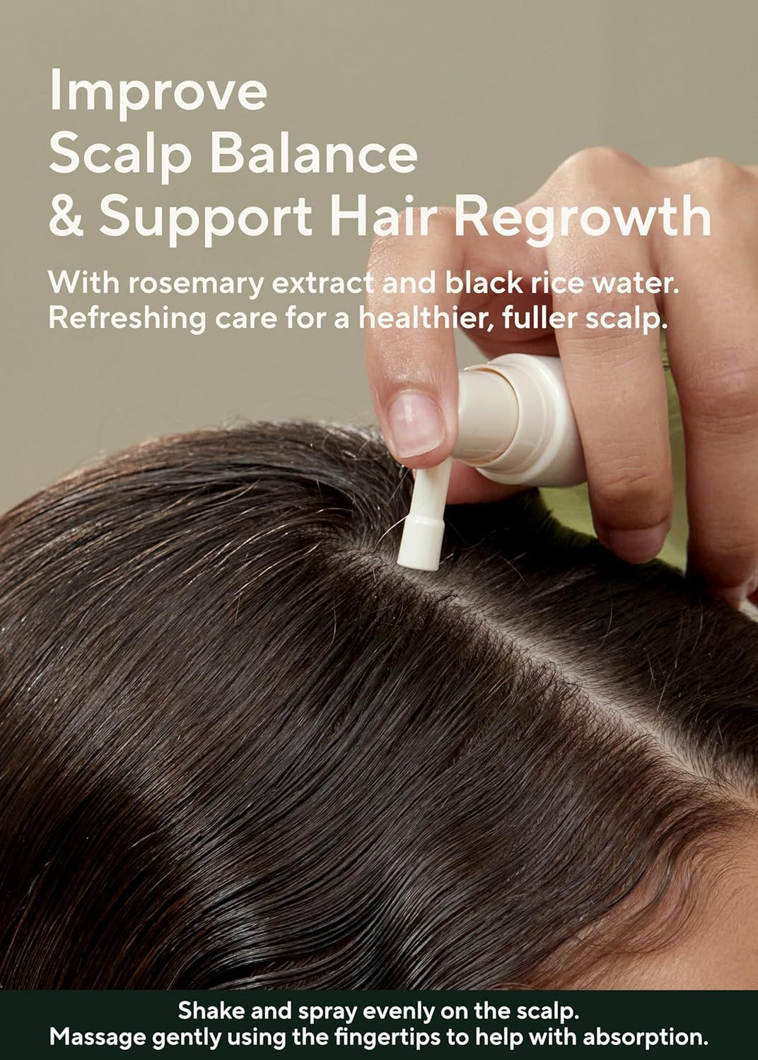 Demonstrates how to apply the scalp treatment product by shaking, spraying on the scalp, and massaging with fingertips to help shoppers understand proper usage technique. Highlights the key benefit…
