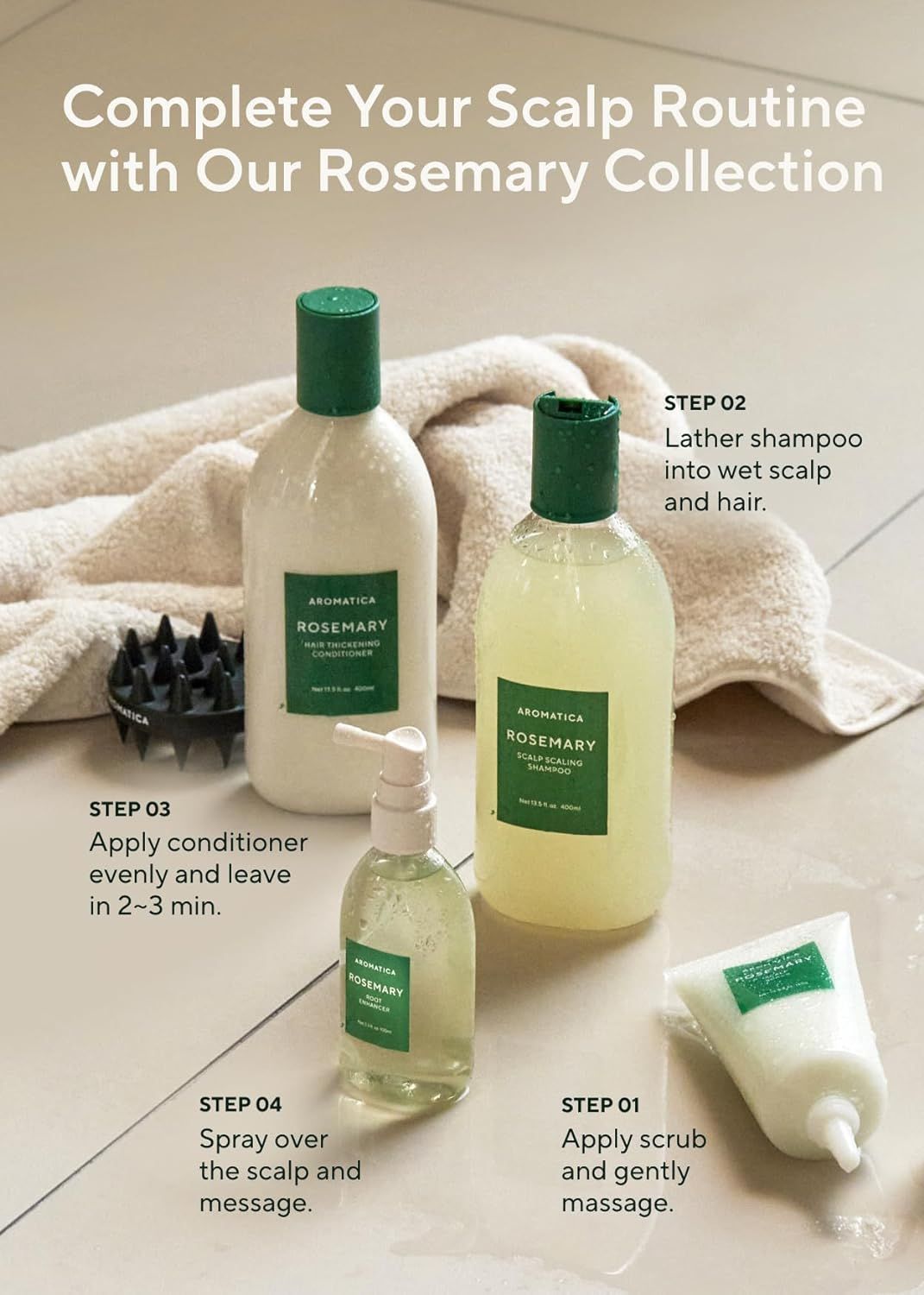 Guides shoppers through a complete 4-step scalp care routine using the Rosemary Collection, reducing confusion about product usage order and application methods.