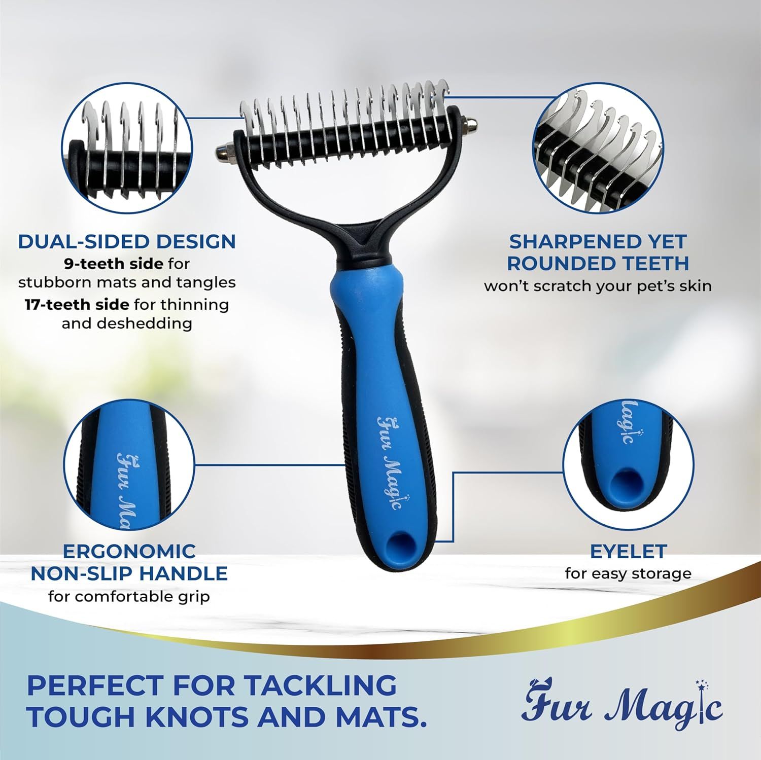 This image breaks down the key structural and functional components of the pet grooming tool, highlighting the dual-sided blade design, safe teeth, ergonomic handle, and storage eyelet to help…