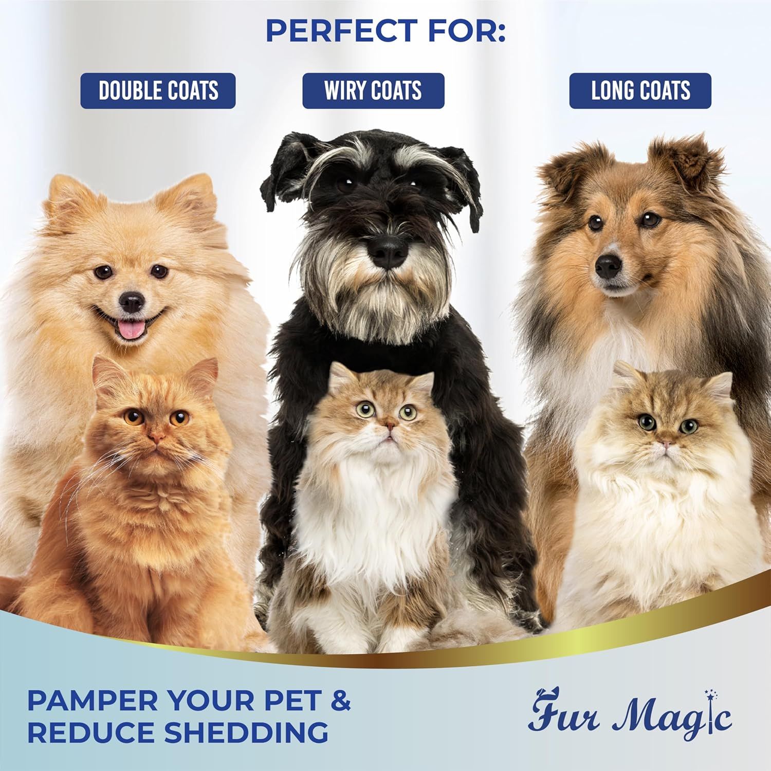 Demonstrates the versatility of the product by showing it works for different pet coat types, helping shoppers understand it can be used for various breeds of dogs and cats.